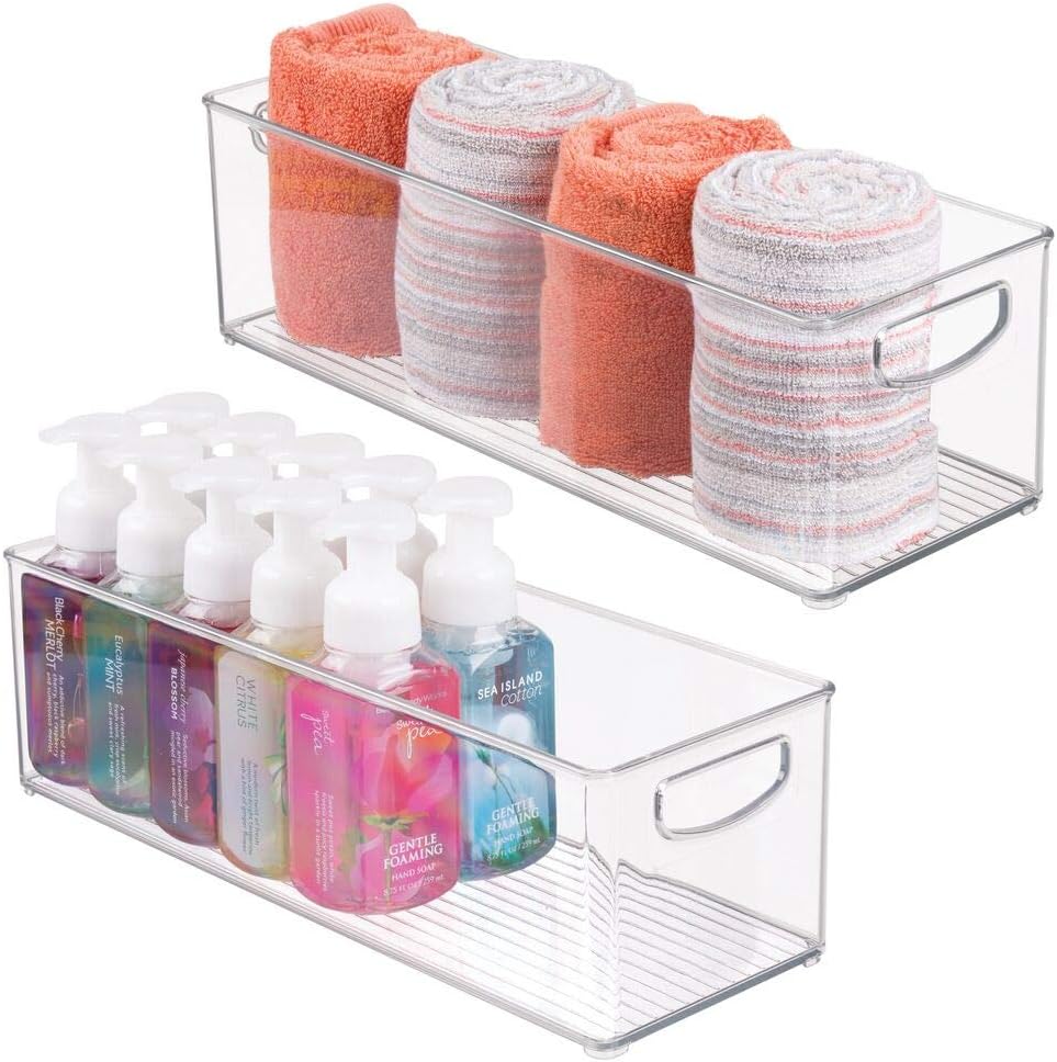 Plastic Toiletry Organizer for Bathroom - Storage Holder Bin w/Handles for Vanity, Drawers, Dresser - Holds Hair Products, Makeup, Lotion, Skincare and More - Ligne Collection - 2 Pack, Clear