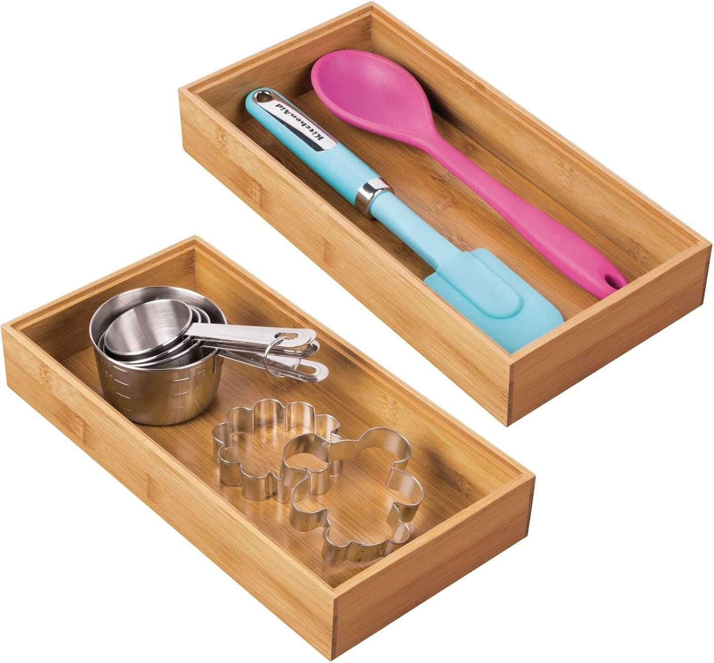 Wooden Bamboo Drawer Organizer - 12" Long Stackable Storage Box Tray for Kitchen Drawers/Cabinet - Utensil, Silverware, Spatula, and Flatware Holder - Echo Collection - 2 Pack, Natural Wood