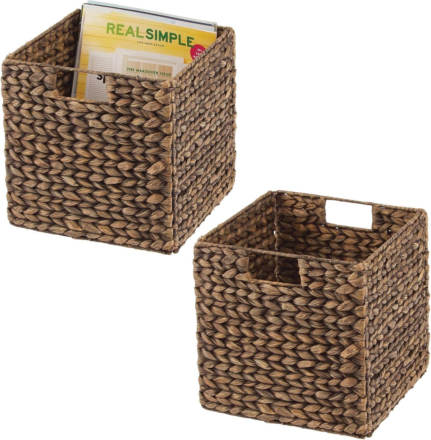 Natural Woven Hyacinth Cube Organizer Basket with Handles, Storage for Bathroom, Laundry Room Shelf or Nursery - Perfect for Cubby Storage Units - Hold Blankets and Books - 2 Pack, Brown Wash