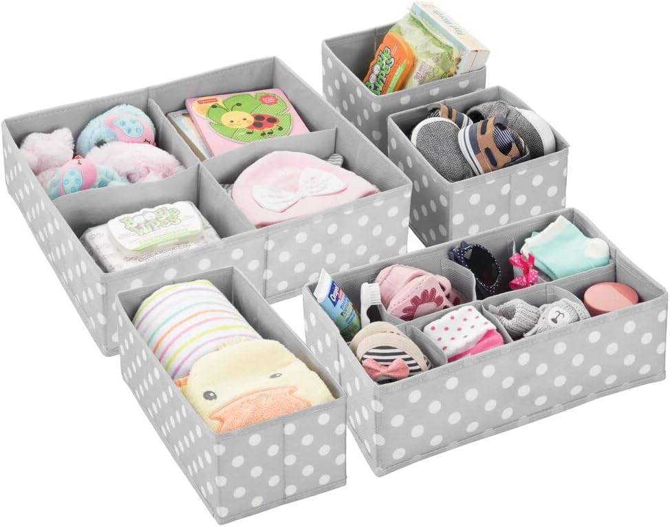 Soft Fabric Dresser Drawer/Closet Divided Storage Organizer Bins for Nursery - Holds Blankets, Bibs, Socks, Lotion, Clothes, Shoes, Toys - Set of 5 - Gray/White Polka Dot