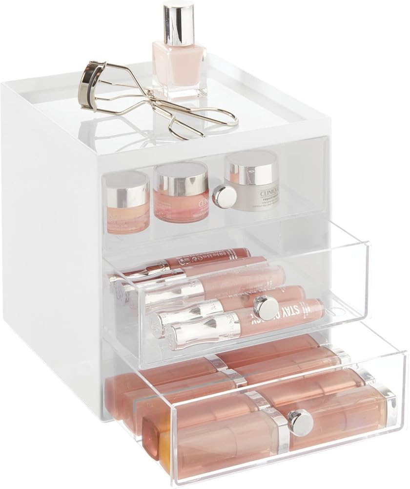 Makeup Organizer Storage Station Cube with 3 Drawers for Bathroom Vanity, Cabinet, Countertops - Holds Lip Gloss, Eyeshadow Palettes, Brushes, Blush, Mascara - White/Clear