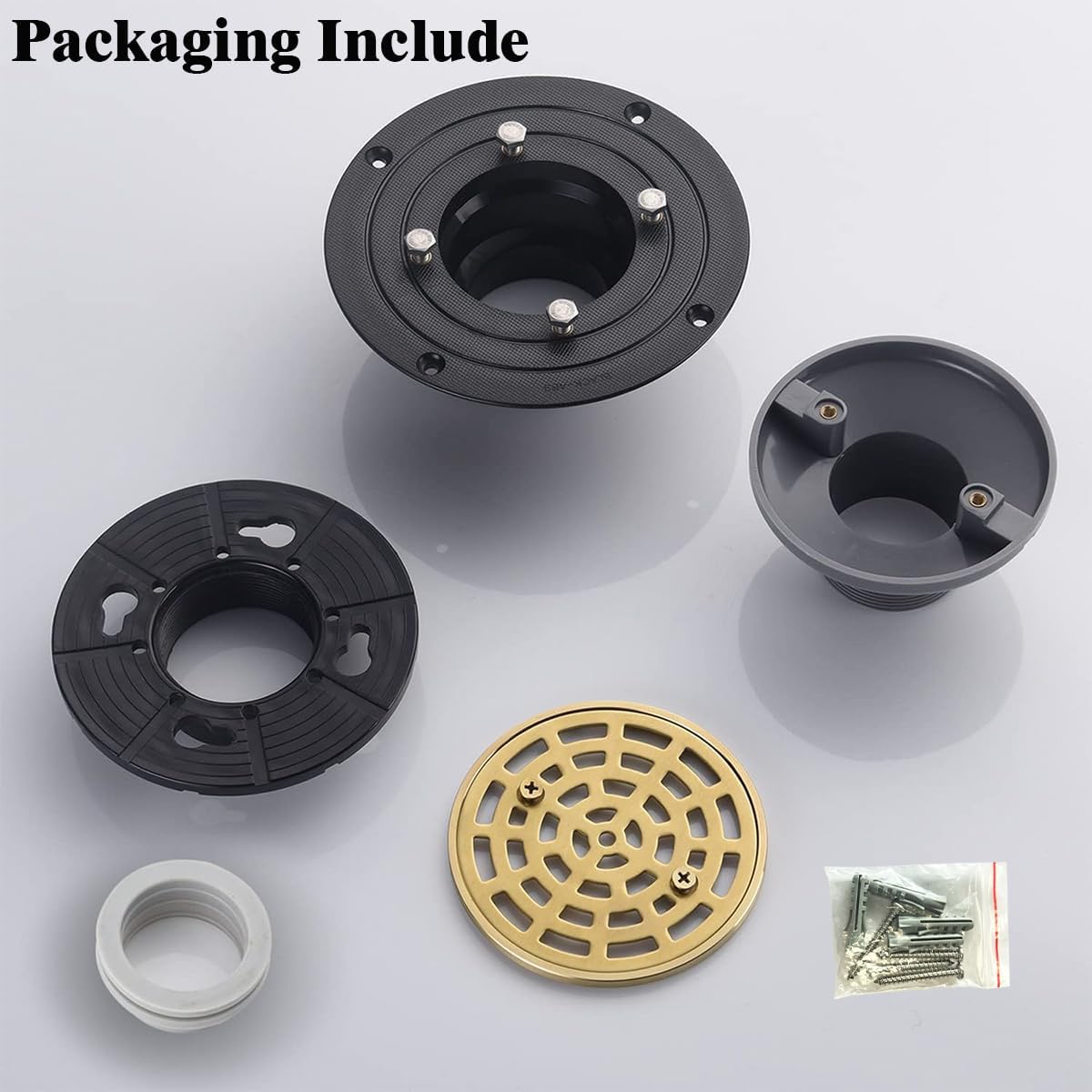 Round Shower Drain SUS304 Stainless Steel Brushed Gold Shower Drain 4 inch with Adjustable PVC Base Flange,Shower Floor Drain with Removable Cover Grid Grate