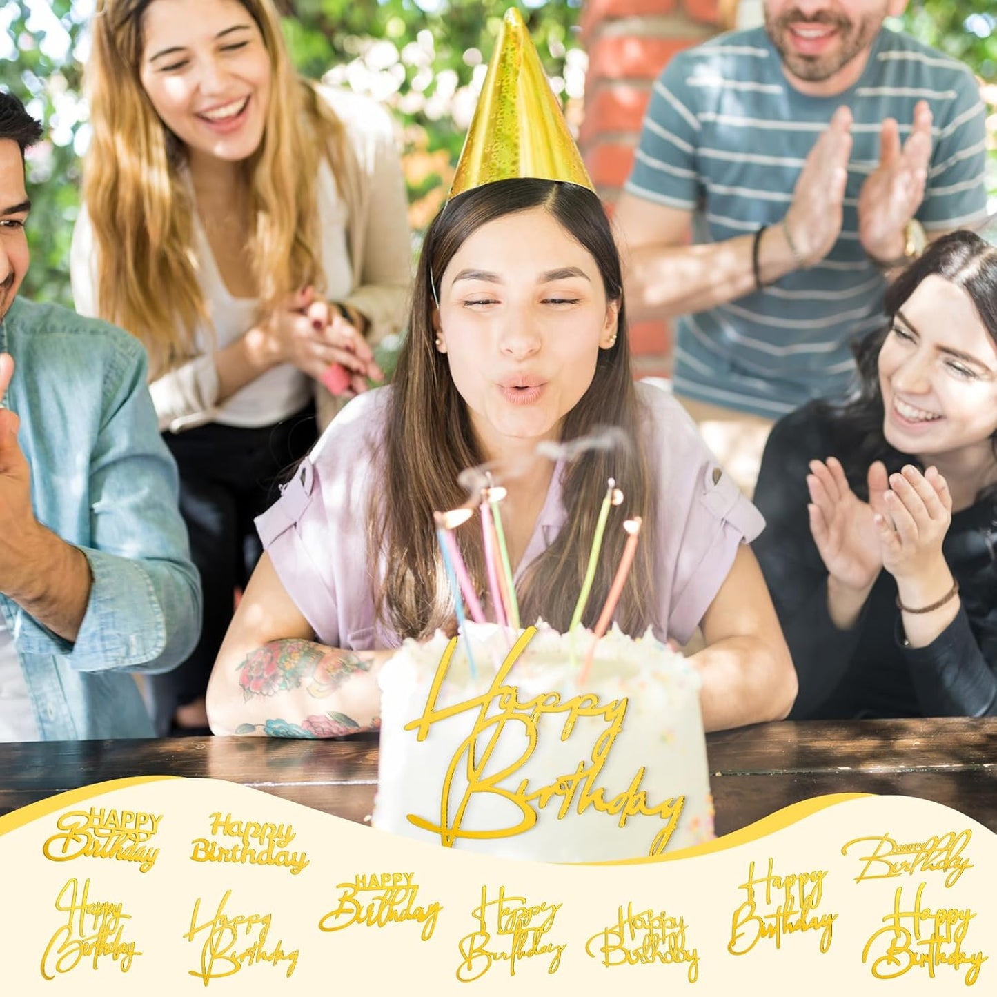50 Pcs Happy Birthday Cake Toppers Bulk Mirror Acrylic Cupcake Topper Cupcake Decorations Happy Birthday Sign for Cake Side Inserts Decor Party Supplies 10 Style(Gold)