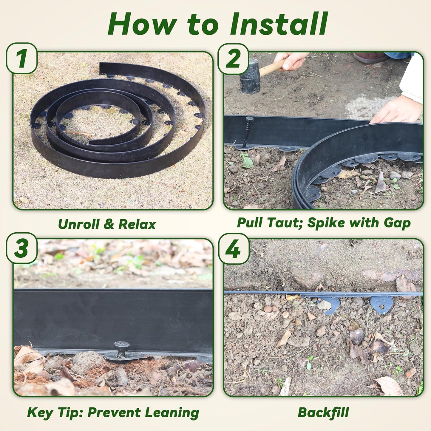 Landscape Edging Kit, 40-Foot Long, 3-Inch Tall, No Dig Garden Edging Border for Flower Beds, Tree Rings, Pathways, Includes 40 Spikes