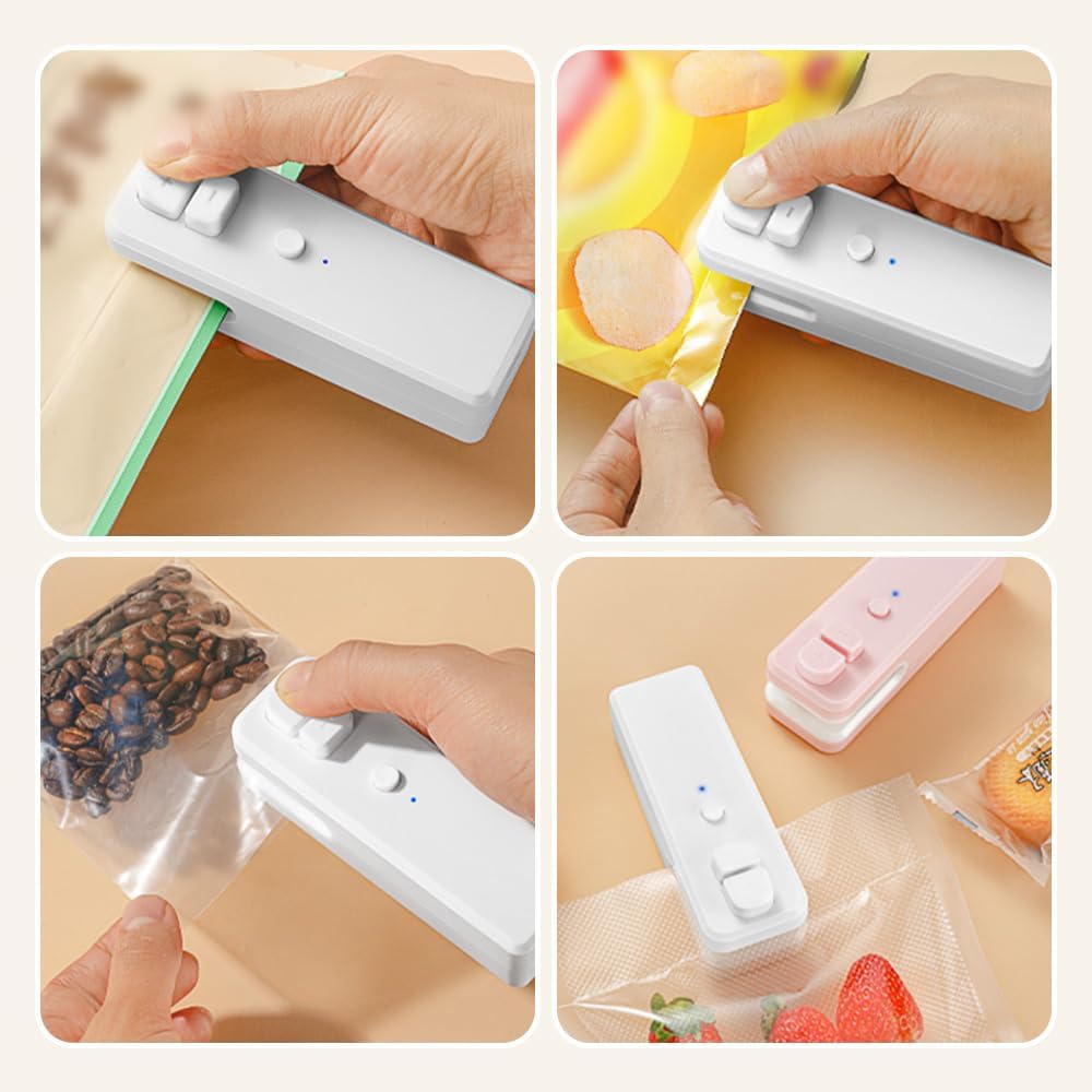 Mini Bag Sealer Heat Seal Tool, Upgraded 2 in 1 Rechargeable Portable Handheld Vacuum Food Sealer 2024 Portable Mini Sealing Household Machine for Snacks Vegetable Fresh Storage (White)