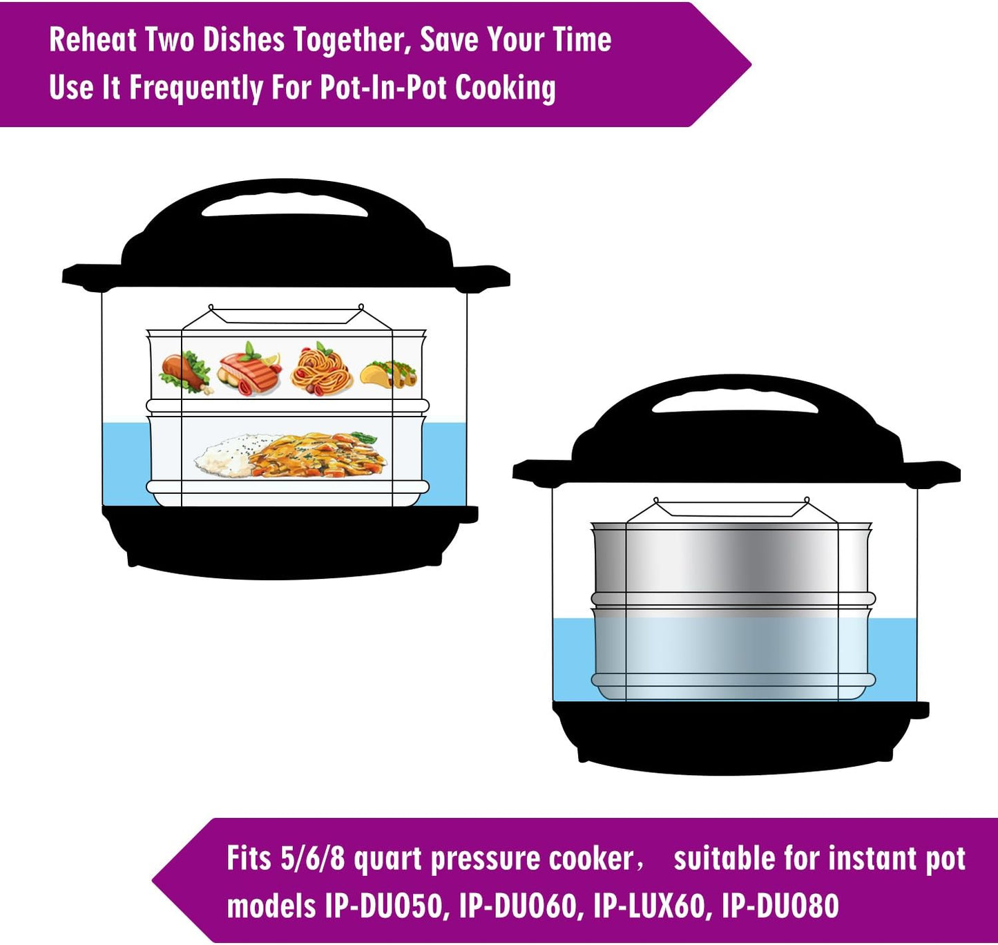 Stackable Steamer Insert Pans with Sling for Instant Pot Accessories 6/8 qt - Pot in Pot, Baking, Casseroles, Lasagna Pans, Food Steamer for Pressure Cooker, Upgrade Interchangeable Lids