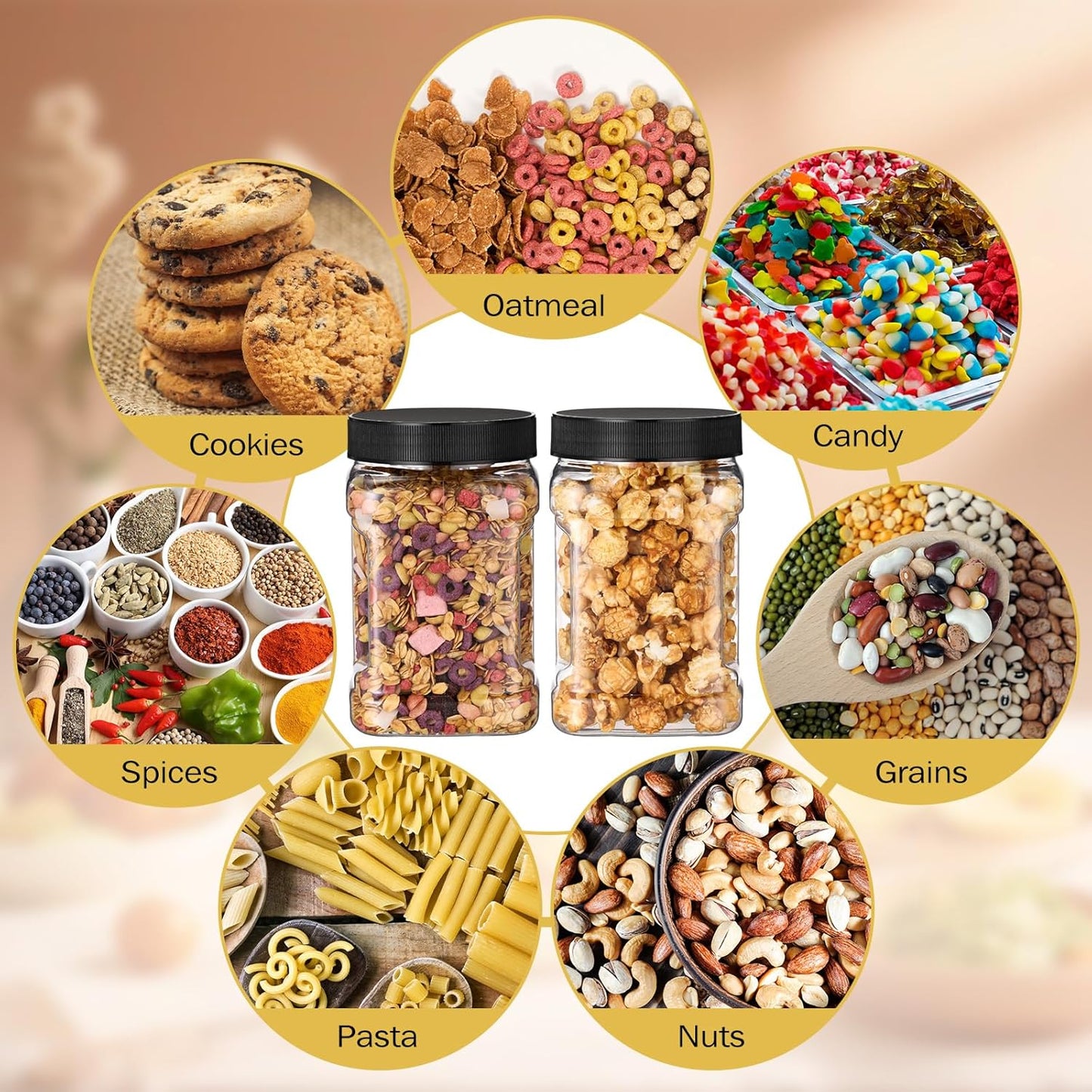 6 Pcs Square Clear Plastic Jars with Pinch Handle Plastic Storage Container with Screw-on Lids Reusable Wide Mouth Canisters for Dry Good Peanut Cookies Candy (32 oz,Black Lids)