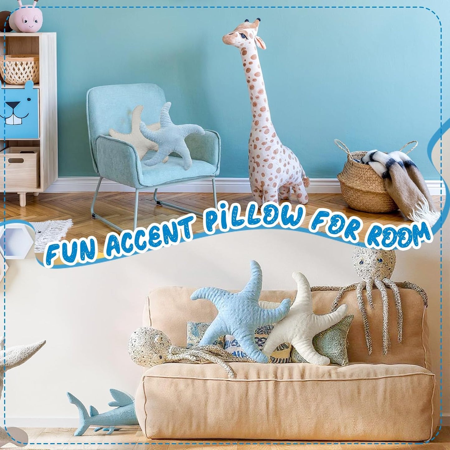 2 Pcs Starfish Pillow Cute Beach Pillow 20'' Star Fish Shaped Throw Pillows Plush Beach Room Decor Decorative Ocean Star Stuffed Animal Plush Cushion for Bedroom Living Room (White,Blue)