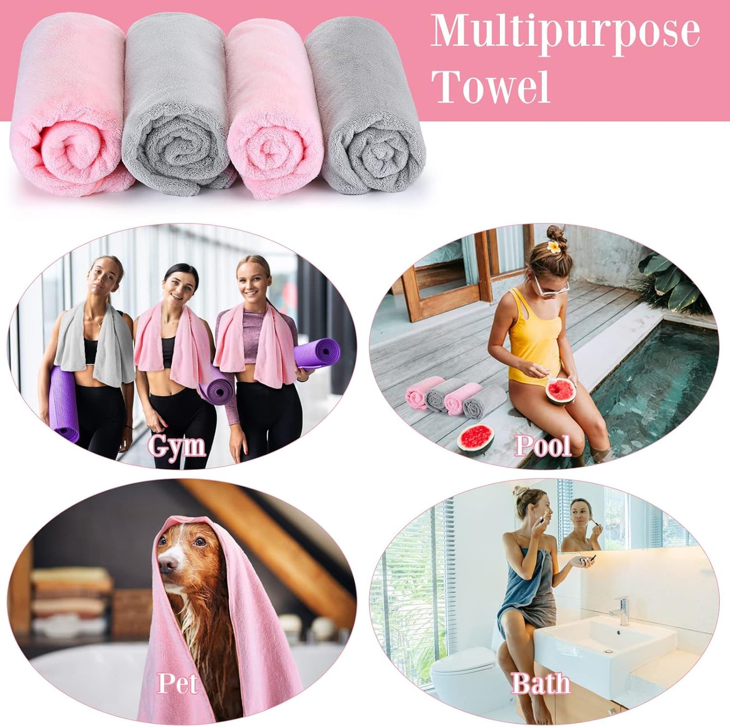 4 Pcs 20 x 40 Large Microfiber Hair Towel for Long Hair Quick Dry Towel Absorbent Turbans Anti Frizz Drying Turbans Wrap for Curly Long Short Women, Pink and Gray