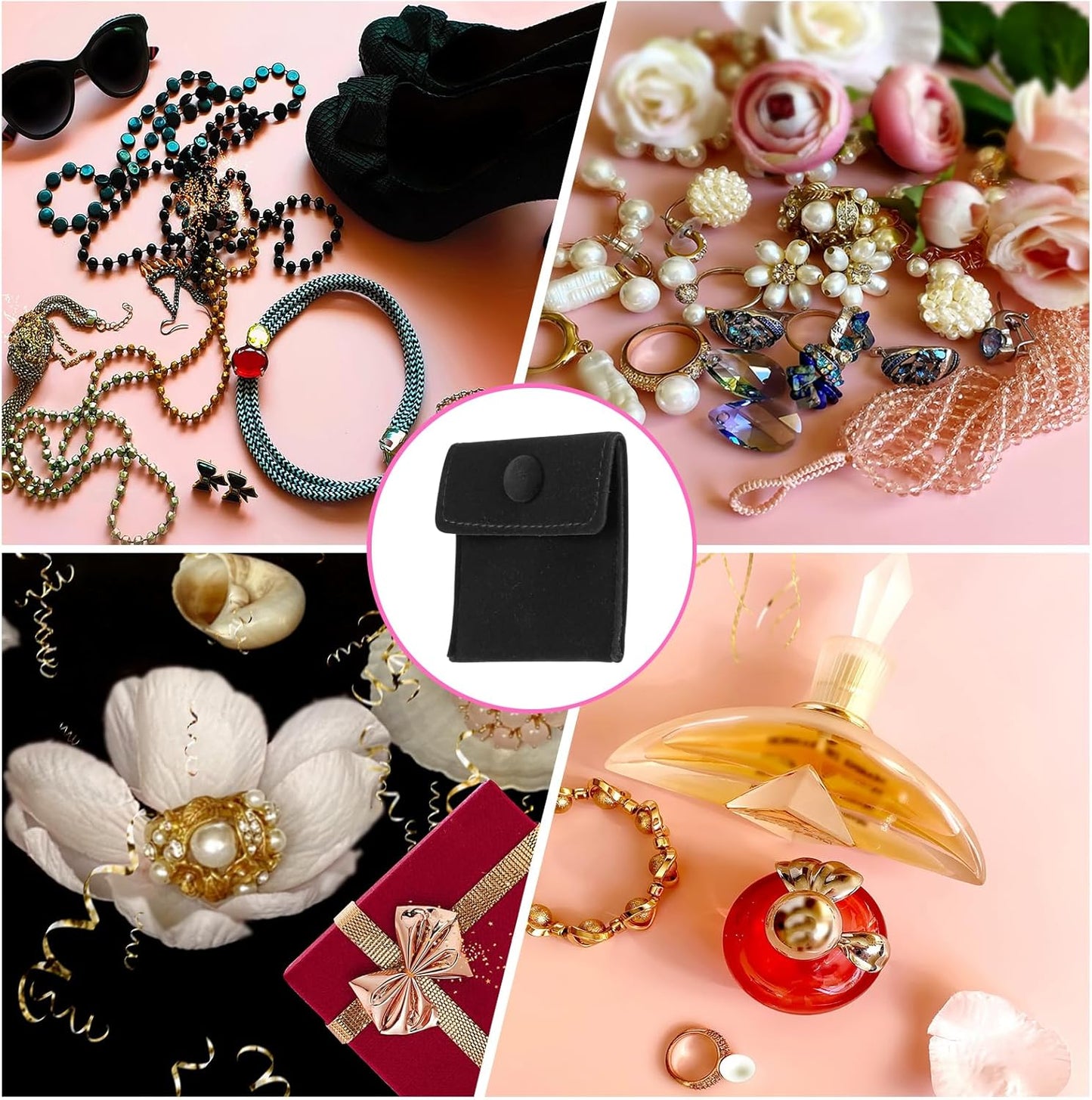 20 Pcs Velvet Jewelry Pouches with Snap Button 2.8x2.8 Inches, Soft Jewelry Pouches Storage Bags Small Velvet Gift Bags for Rings Necklace Bracelet Earring Watch, Black