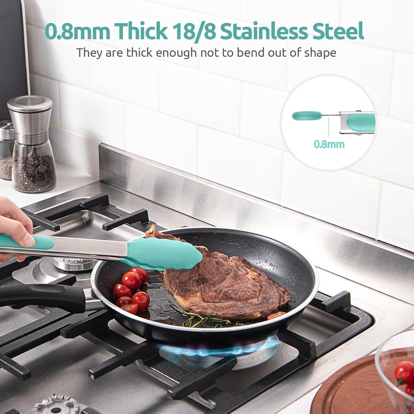 600ºF Heat Resistant 9+12 in Silicone Cooking Tongs with Non Stick Rubber Tips (Aqua Sky) and 12" Kitchen Tweezer Set: 18/8 Stainless Steel Food-Grade Metal Food Tong (Round & Pointed Tip)