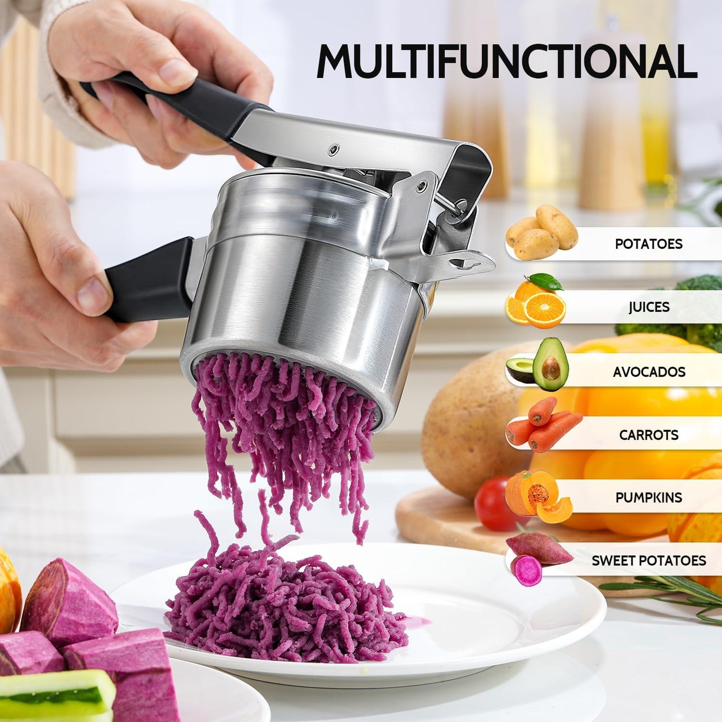 Potato Ricer, Upgraded Stainless Steel Potato Masher with 3 Interchangeable Discs, Heavy Duty Kitchen Tool Gadget