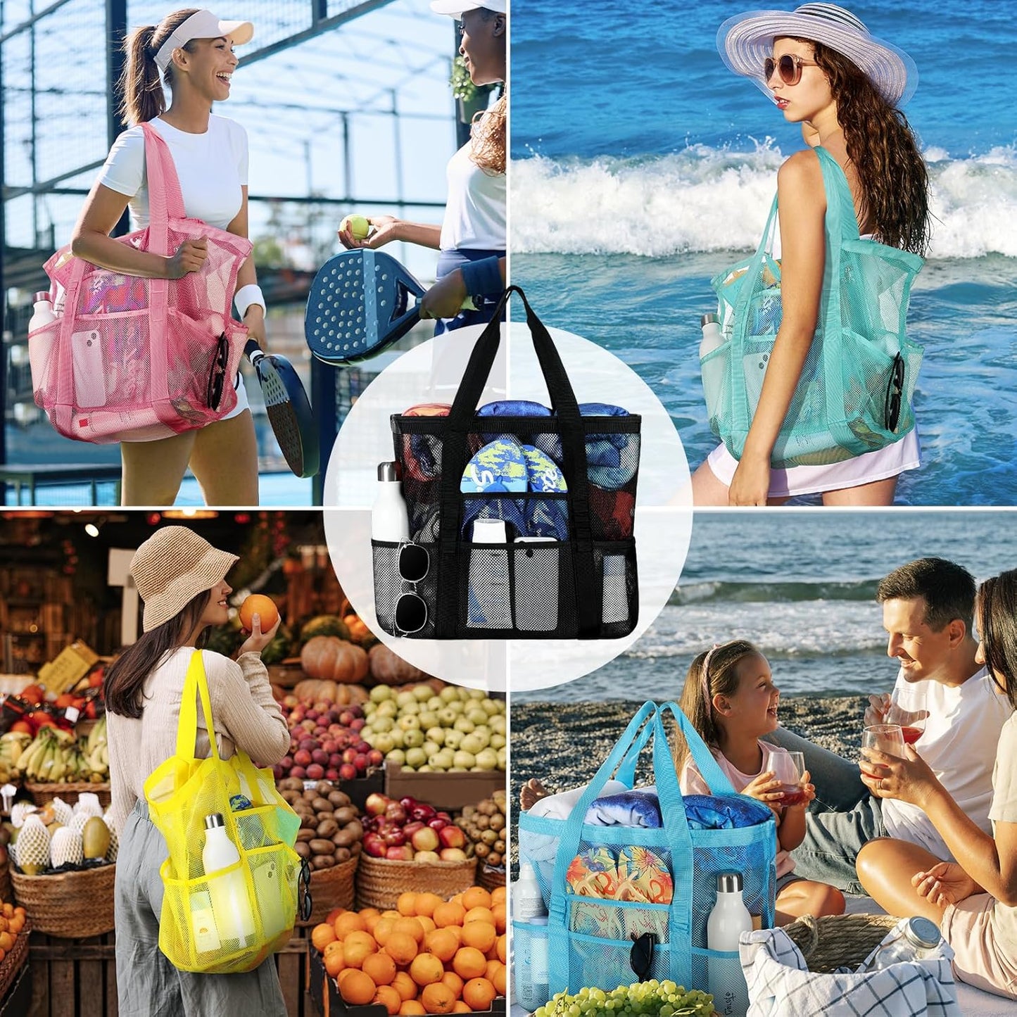 Mesh Beach Bag - Large Beach Tote with Multi Functional Pockets for Family Travel/Vacation