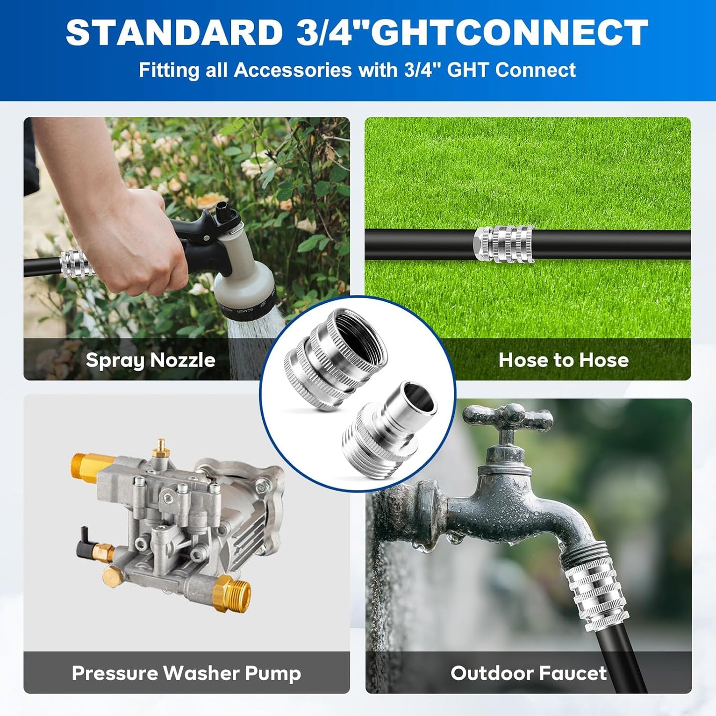 Quick Connect Hose Fittings, 3/4 Inch GHT Garden Hose Quick Connect Set, Stainless Steel Water Hose Fitting, 2 Pack