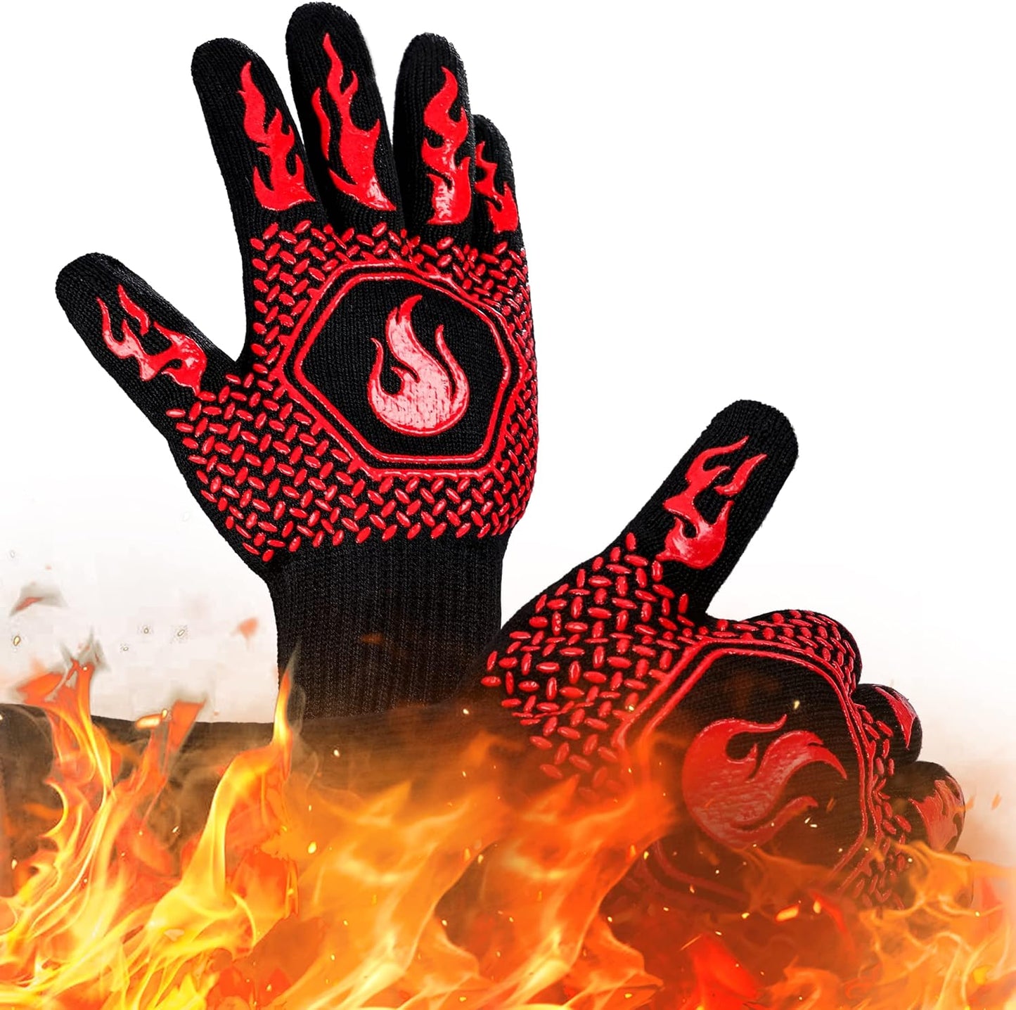 BBQ Fireproof Gloves, Grill Cut-Resistant Gloves 1472°F Heat Resistant Gloves, Non-Slip Silicone Oven Gloves, Kitchen Safe Cooking Gloves for Oven Mitts,Barbecue,Cooking, Frying, Red(2 Pairs)