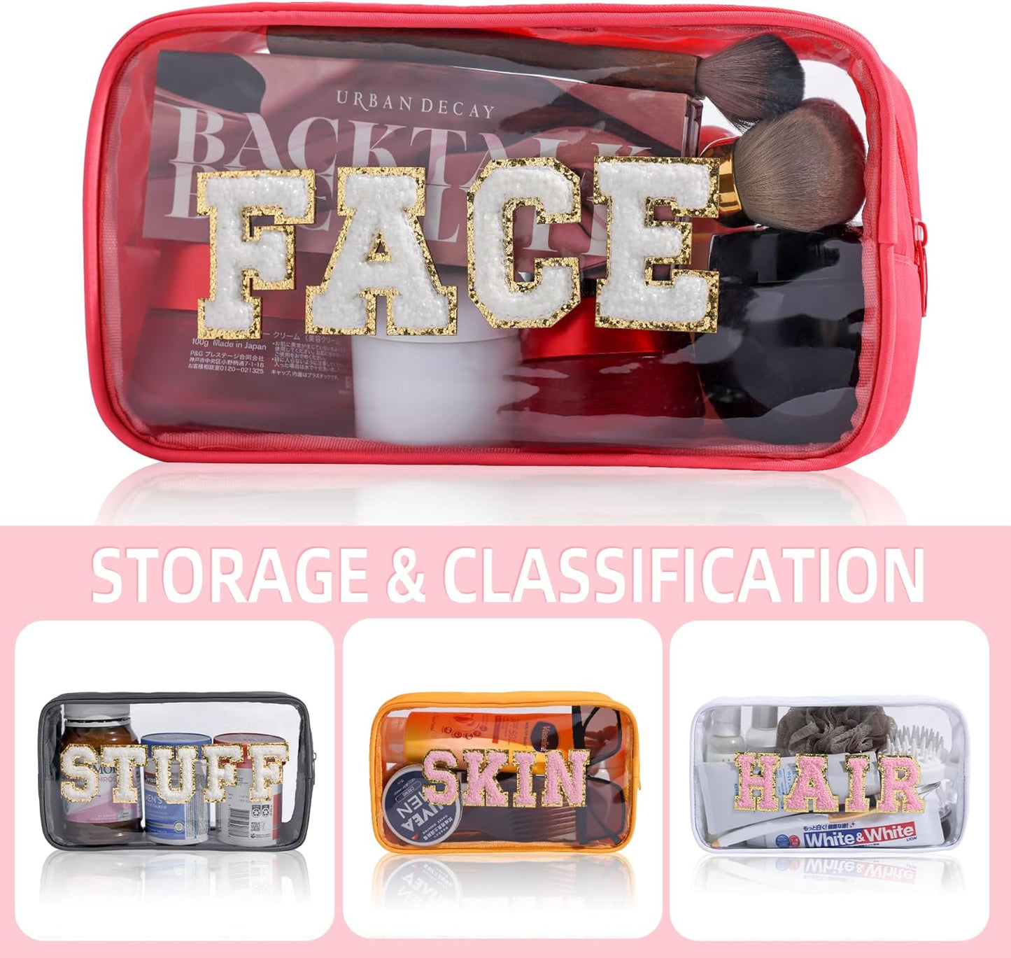 Clear Makeup Bags with Chenille Letters, 4 Pack Preppy Cosmetic Pouch Zipper, Personalized Initial beauty case, Travel Toiletry vanity organizer for Women Girl (Hair, Face, Skin, Stuff)