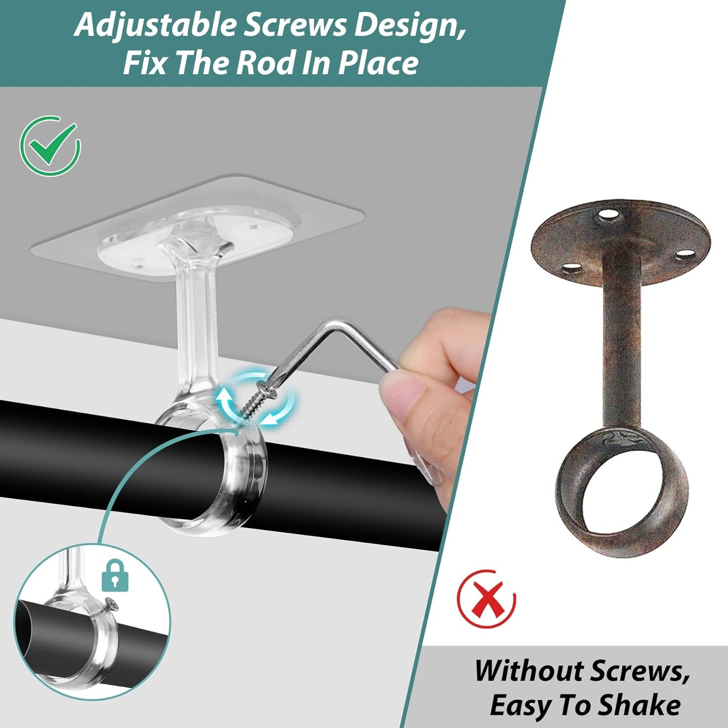 6-Pack No Drilling Ceiling Mounted Curtain Rod Brackets, Self Adhesive Curtain Rod Holder, Heavy Duty Stick No Wall Damage Rods Hanger Hooks for Home Renter Dorm Kitchen Bedroom Bathroom