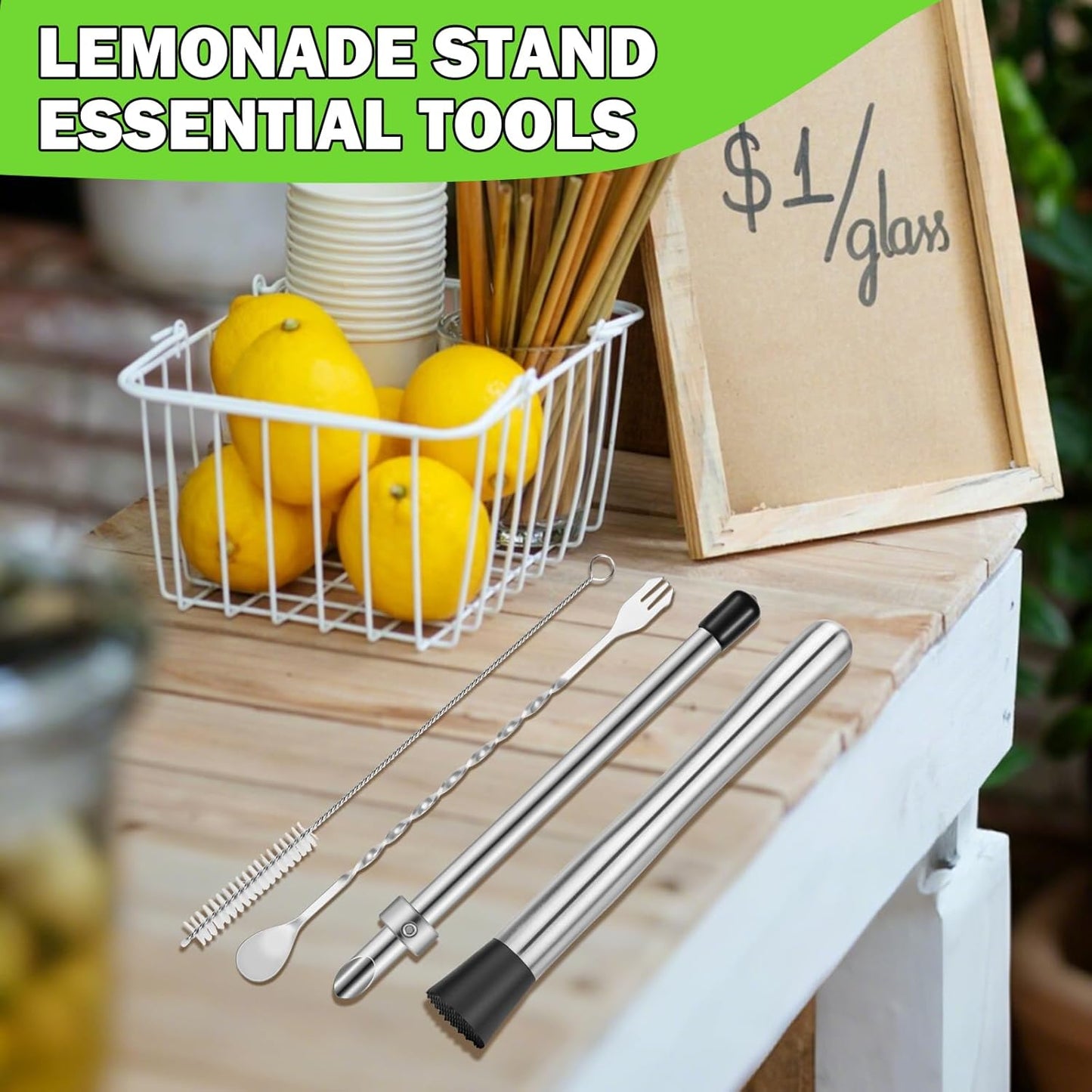 6 Pcs Straw Puncher and Muddler for Plastic Lids Lemonade Cups, Stainless Steel Muddler and Mixing Spoon-Straw Hole Puncher for Drink, Fresh Squeezed Lemonade Stand Supplies