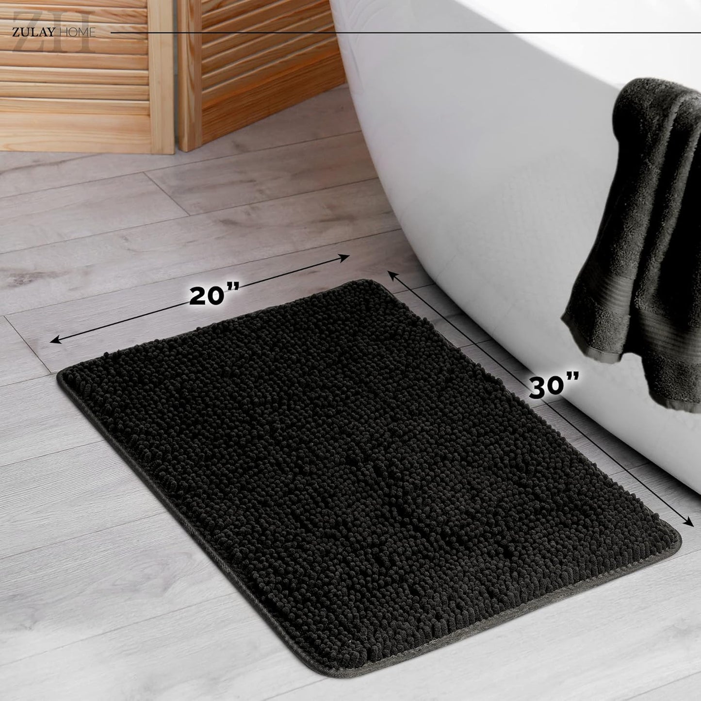 Soft Shaggy Bathroom Rug - Ultra Absorbent Bath Mat - Microfiber Thick Bath Rug for Bathroom, Under The Sink, Bedroom, Shower (Black, 20"x30")