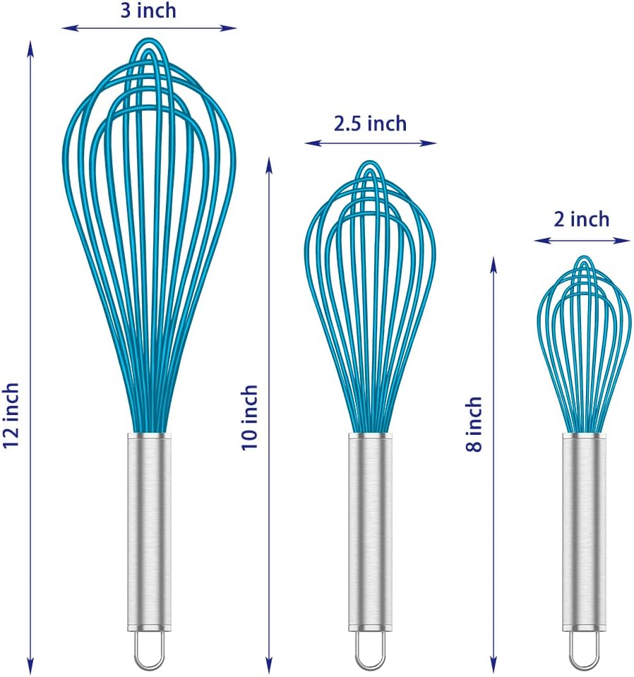 Silicone Whisk & Rainbow Kitchen Tongs Set, 304 Stainless Steel Tongs with Silicone Tips, 600F Heat Resistant, Blue