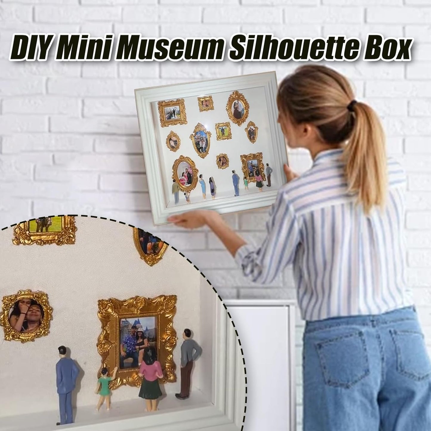 DIY Mini Museum Silhouette Box–Celebrate Your Unique Memories in Style, Personalized DIY Photo Family Memory Display Case Frame Silhouette Box with Gold Mini Frames & Figurines (White)