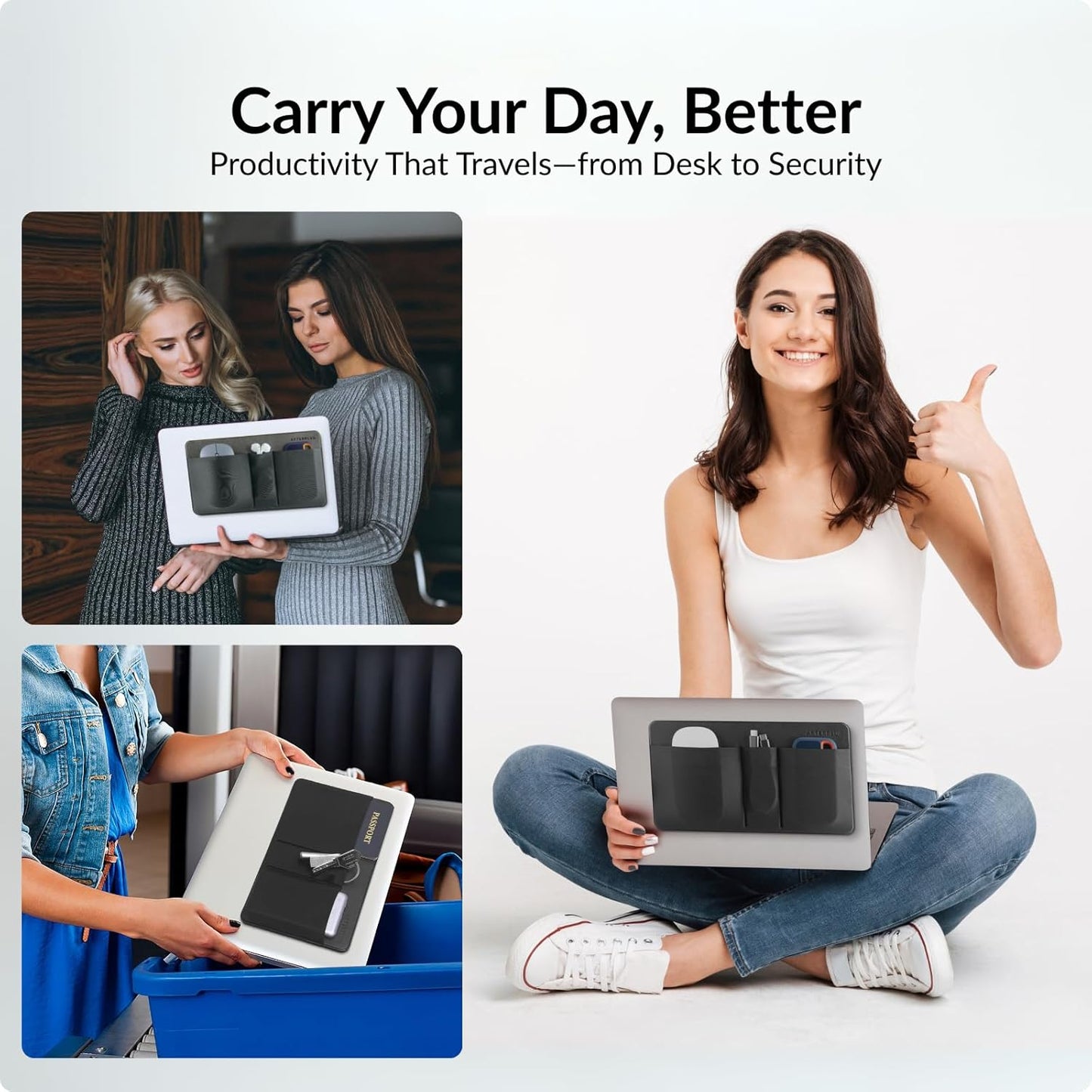 3-Pocket Storage Pouch, Adhesive Laptop Accessory Organizer, for Portable HDD, SSD, USB Drive, Mouse, Cables - Black