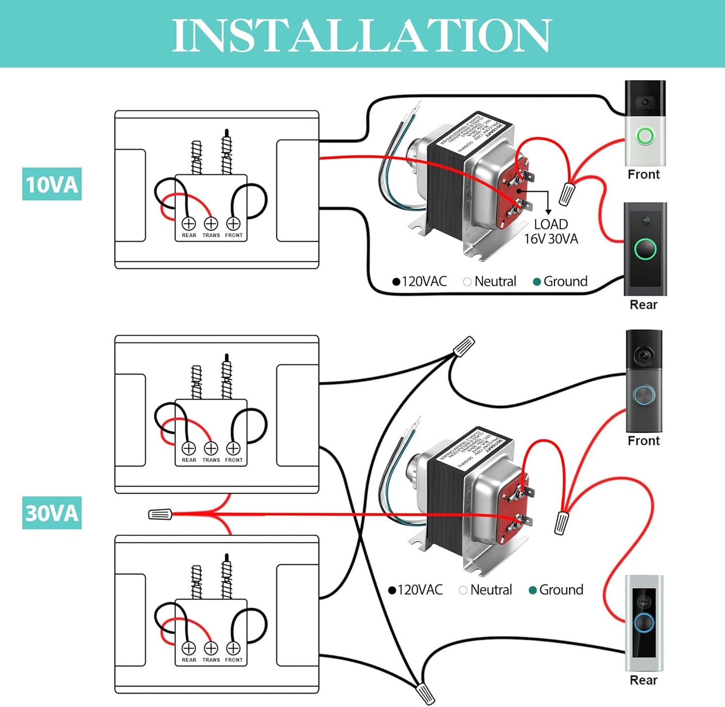 Landhoow Doorbell Transformer 16V 30VA, Hardwired Door Chime Transformer Compatible with Ring, Nest Hello Video Doorbell, 16V AC Power Supply for Thermostat, Easy to Install Door Bell Transformers