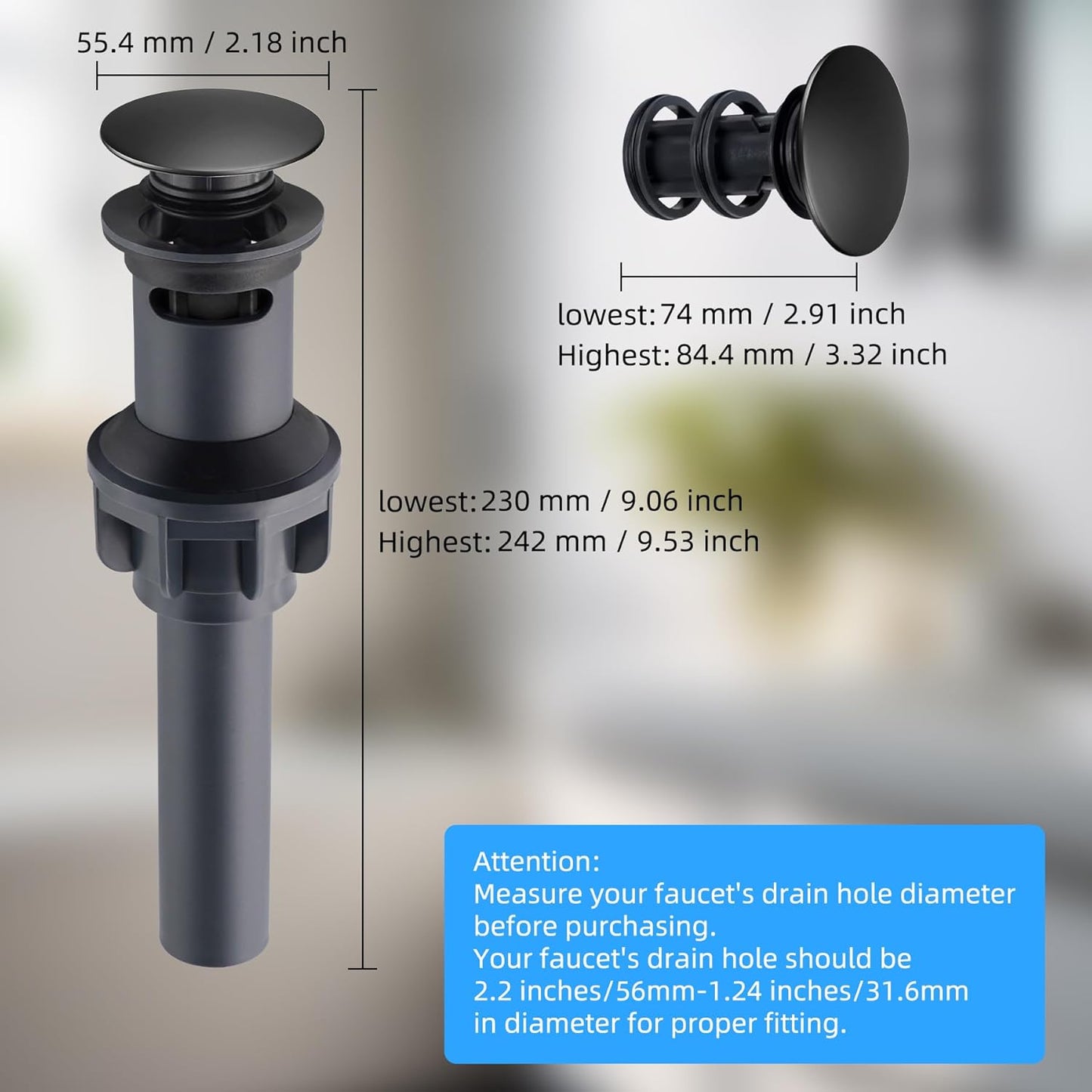 10 Pack Universal Bathroom Sink Drain Stopper, Pop Up Drain Strainer with Overflow, Push and Seal Sink Plug with Basket for Lavatory Vanity Vessel, Anti-Clogging Strainer, Matte Black