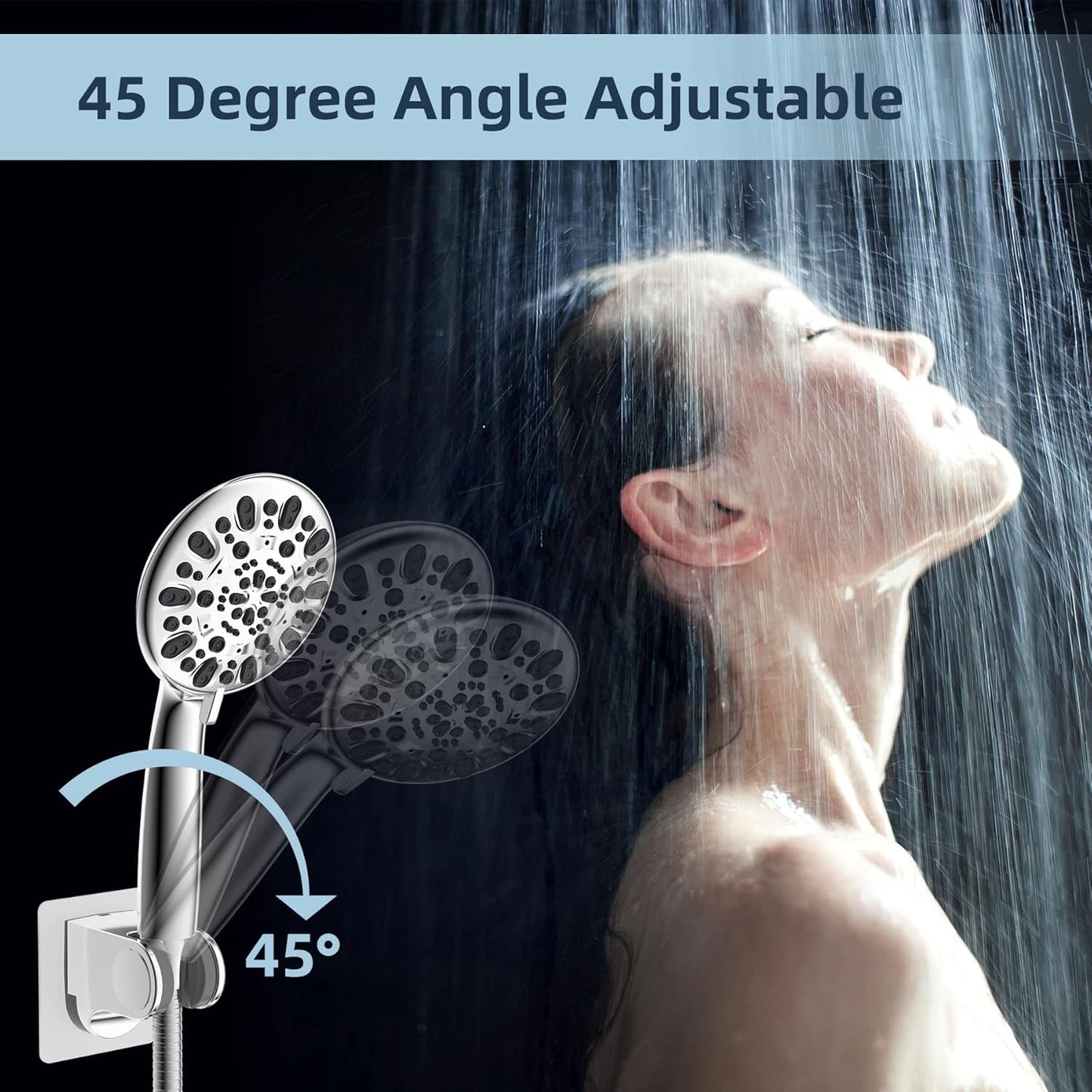 All Metal Shower Head Flow Control Valve with Showerhead Holder, G1/2 Brass Shut-off Valve with Metal Handle Lever, Strong Adhesive and Waterproof Handheld Holder and Bracket, Chrome