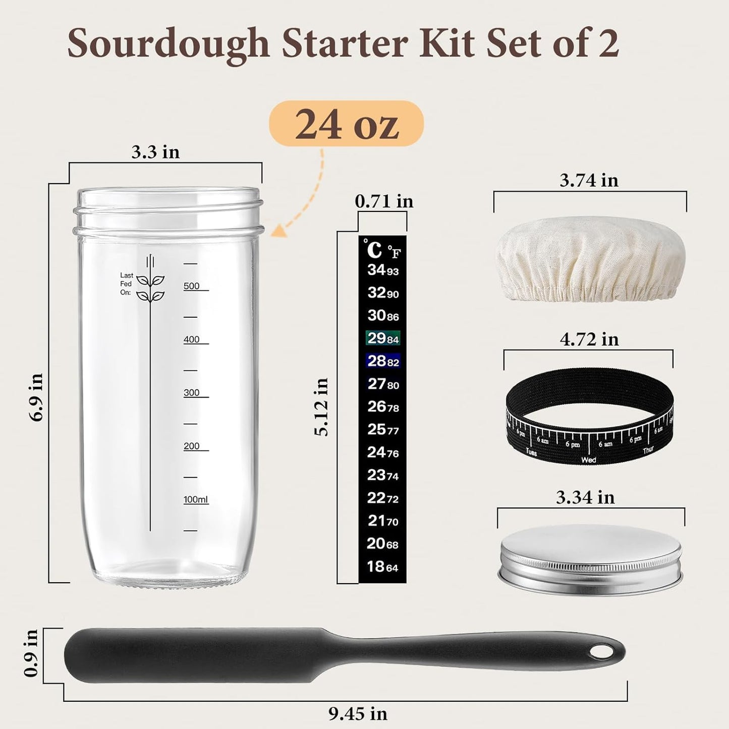 Glass Sourdough Starter Jar 2 Pack, 24 oz Wide Mouth Organic Sourdough Starter Kit with Date Marked Band, Thermometer, Cloth Cover & Metal Lid, Reusable Bread Baking Supplies, Bread Making Accessories