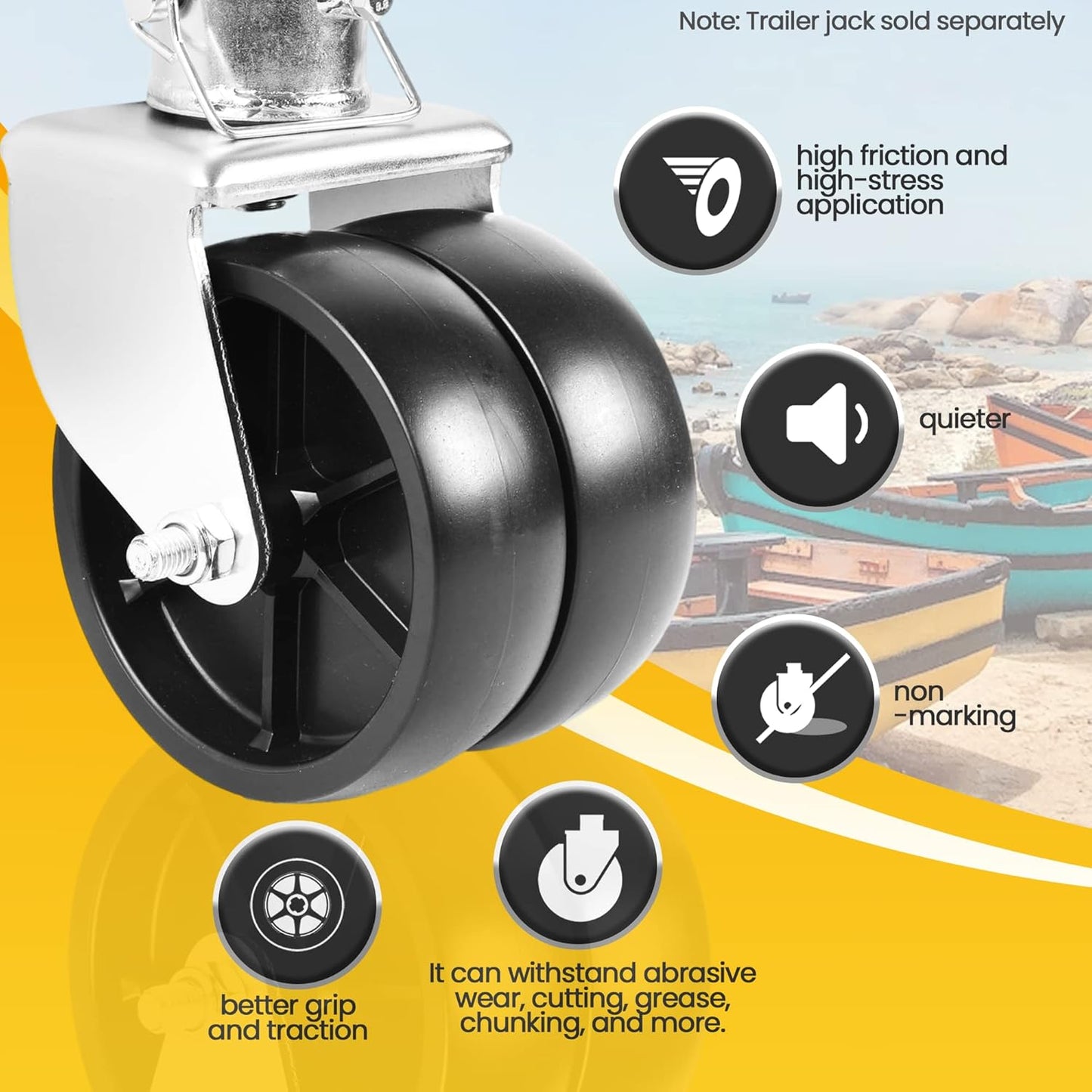 (2-Pack) 6-Inch Boat Trailer Jack Wheels - Universal Fit Black Plastic Caster Wheels - Includes All Mounting Hardware - Suitable for Boat Trailer Jacks with 1 or 2 Wheels