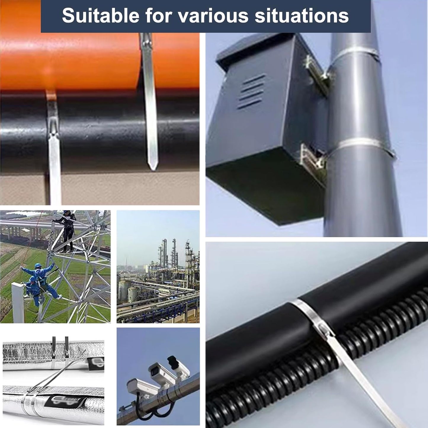 100-Pack Metal Zip Ties 11.8 inch, Heavy Duty 304 Stainless Steel Self-Locking Cable Ties for Outdoor Use, Multifunctional Cable Ties for Exhaust Wrap, Chain Link Fence Parts, Farms, Pipes