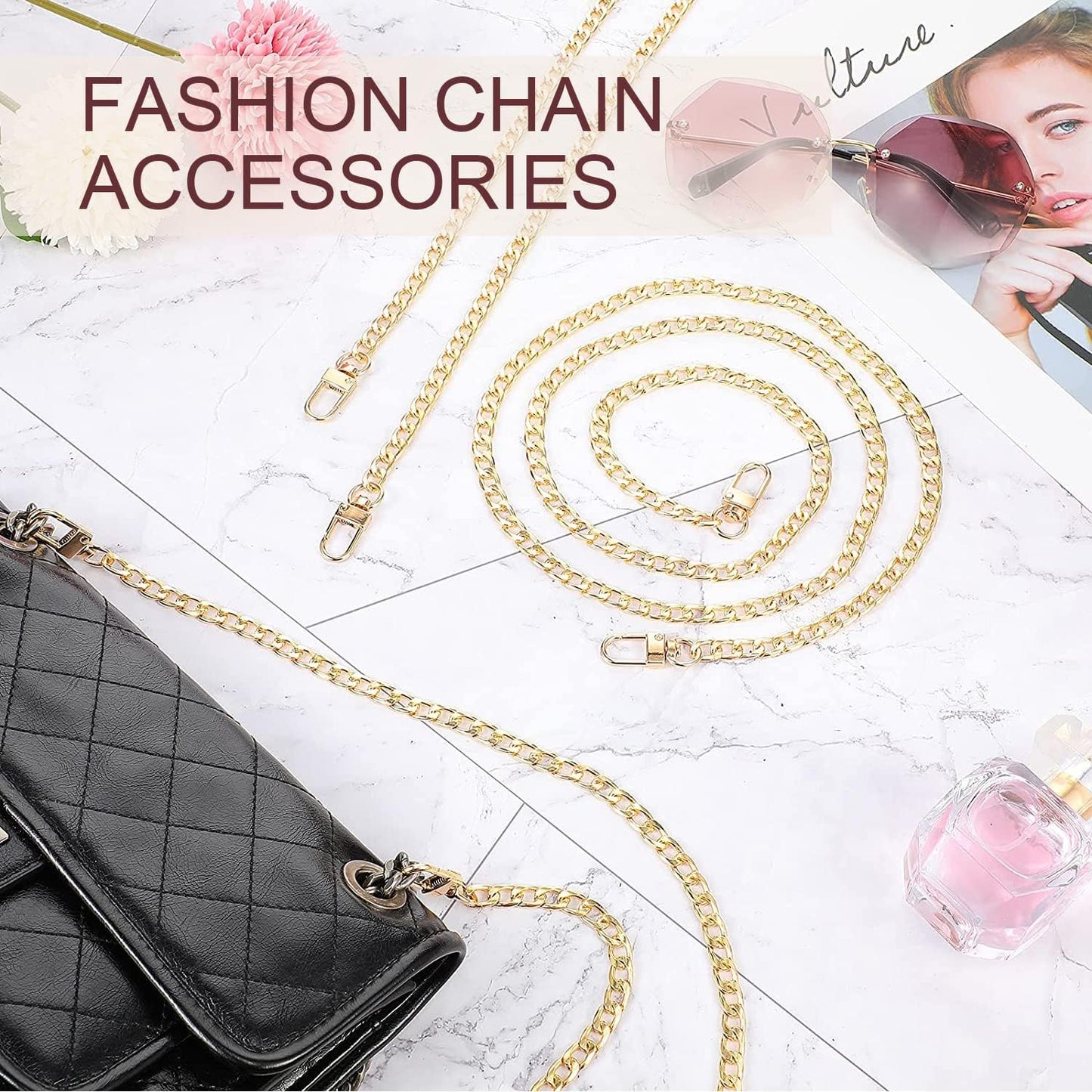 CooBigo 47" Purse Chain Strap Metal Shoulder Crossbody Bag Chain with Metal Buckles, Flat Chain Strap for Purse Handbag