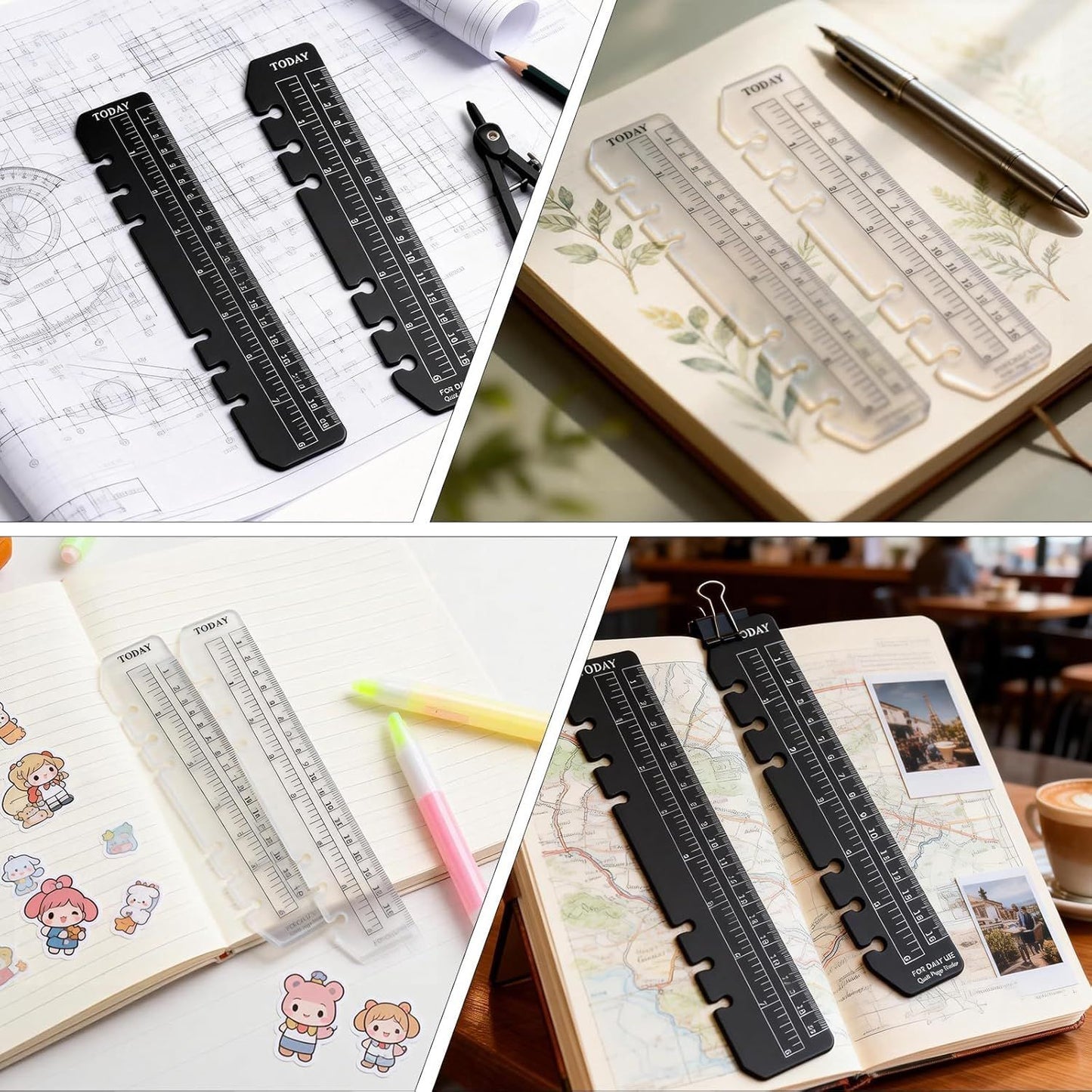 5PCS Planner Ruler for A5 A6 A7 Binder, 6-Ring Page Marker for Spiral Notebook, Snap-in Plastic Bookmark Rulers, 6-Hole Ruler Inser Planner Bookmark for A5 A6 A7 (Black/Clear)