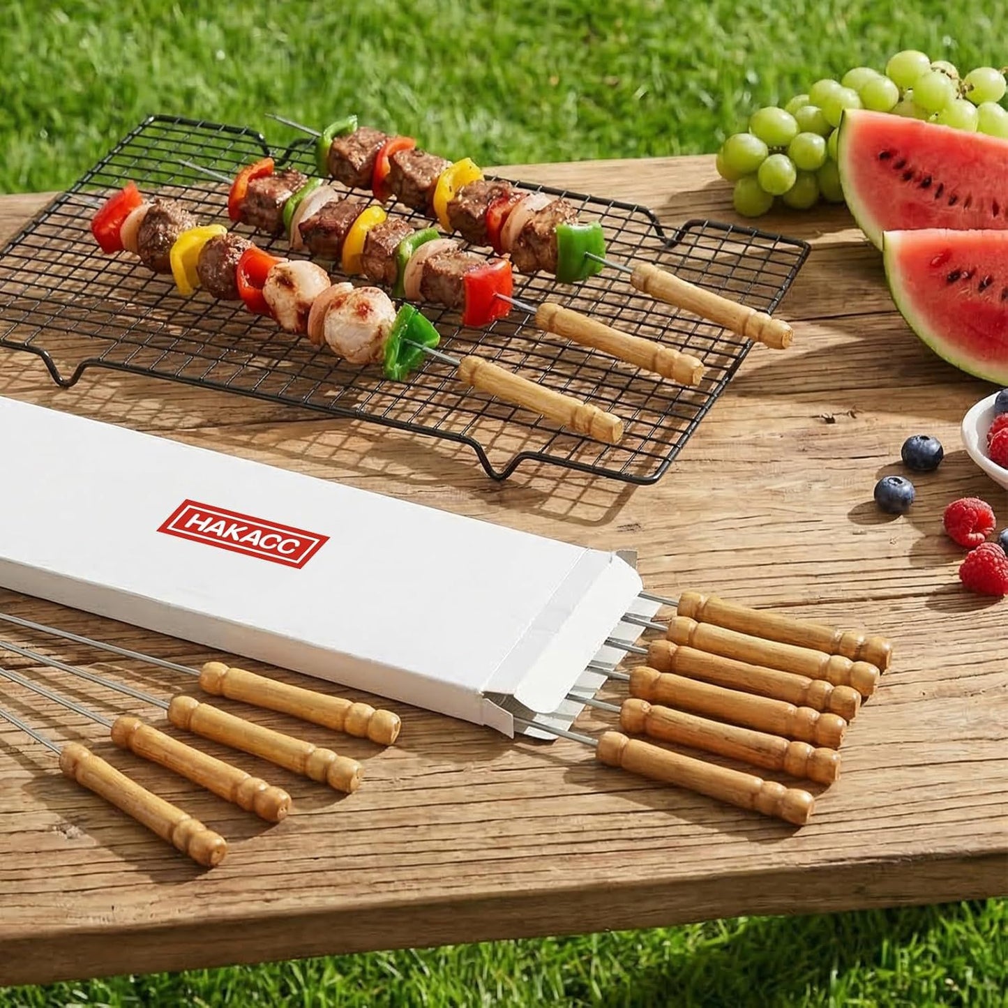 12 PCS Skewers for Grilling, Kabob Skewers with Wood Handle, Reusable BBQ Barbecue Sticks for Marshmallow, Hot Dog, Meat, Vegetable, Camping Cookware Grill Cooking, 11.7" (Including Handle)