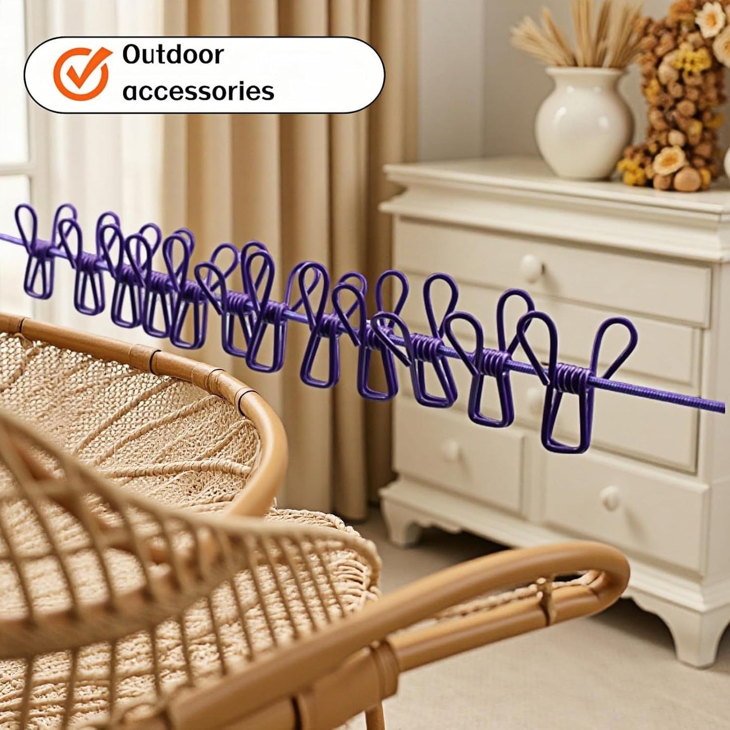 Portable Clothesline with 12 Clips - Extends 12ft, Heavy Duty Stainless Steel Hooks, Windproof for Travel/Camping/Indoor Use, Purple
