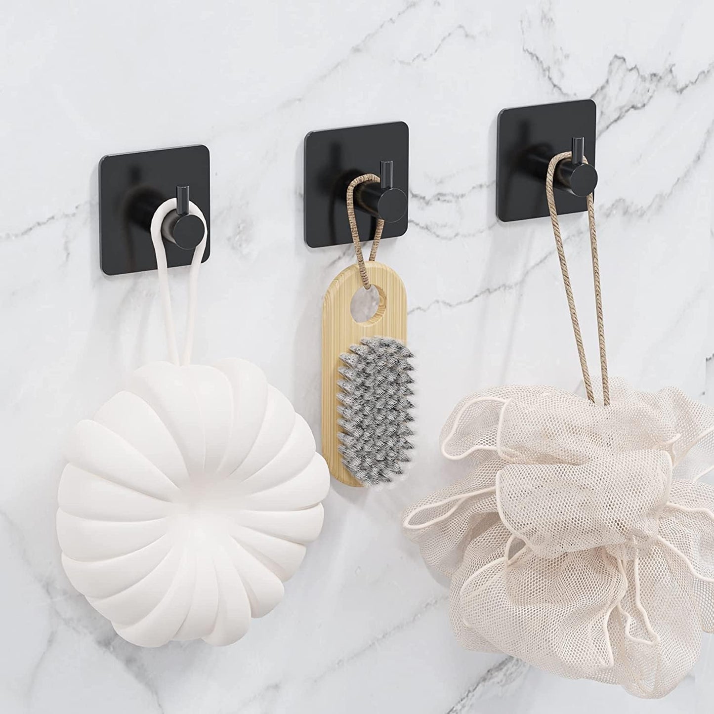 4 Pack Adhesive Hooks, Black Towel Hook for Bathrooms, Heavy Duty Stainless Steel Wall Hook, Waterproof Stick on Hook, Hooks for Hanging Robe, Key, Coat, Clothes