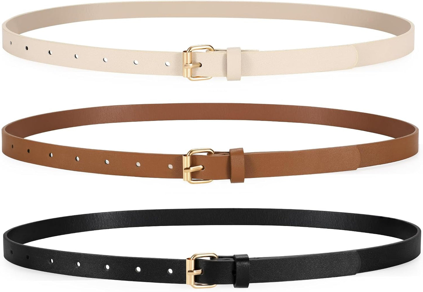 3 Pack Women Skinny Leather Belt for Jeans Pants Dress Ladies Thin Waist Belt with Gold Buckle