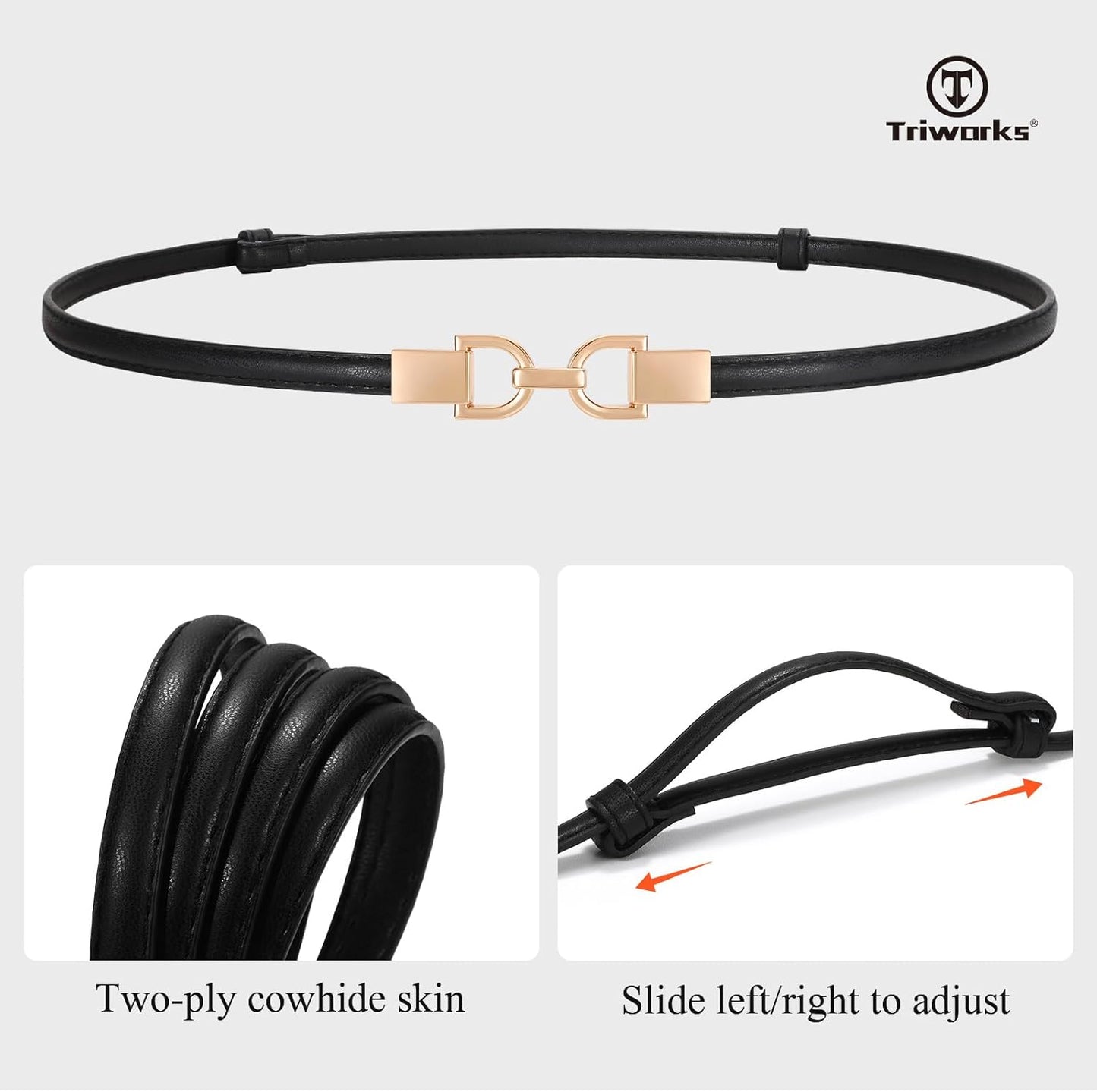 2 Pack Skinny Leather Belts for Women Thin Waist Belts with Adjtable Gold Buckle for Dresses, Coats and Jeans