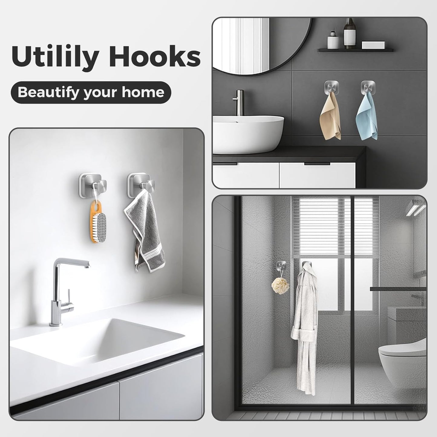 Shower Hooks for Inside Shower,Reable Suction Cup Hooks for Glass Window,Mirror,Removable Towel Hooks for Bathroom,2 Pack(Silver)