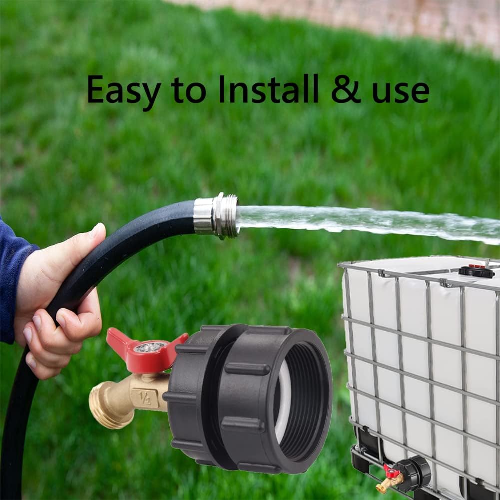 275-330 Gallon IBC Tote Tank Adapter 2" Fine Thread - 1/2" Male NPT Inlet × 3/4" Male GHT Outlet, Brass Hose Faucet Garden Hose Connector