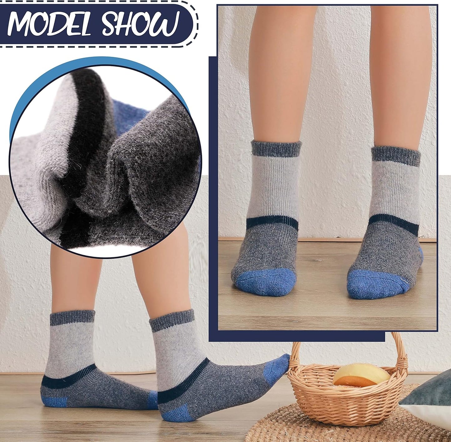 Kids Merino Wool Socks for Toddlers Boys Girls Warm Thermal Winter Thick Hiking Heavy Cozy Crew Boot Socks 6 Pairs