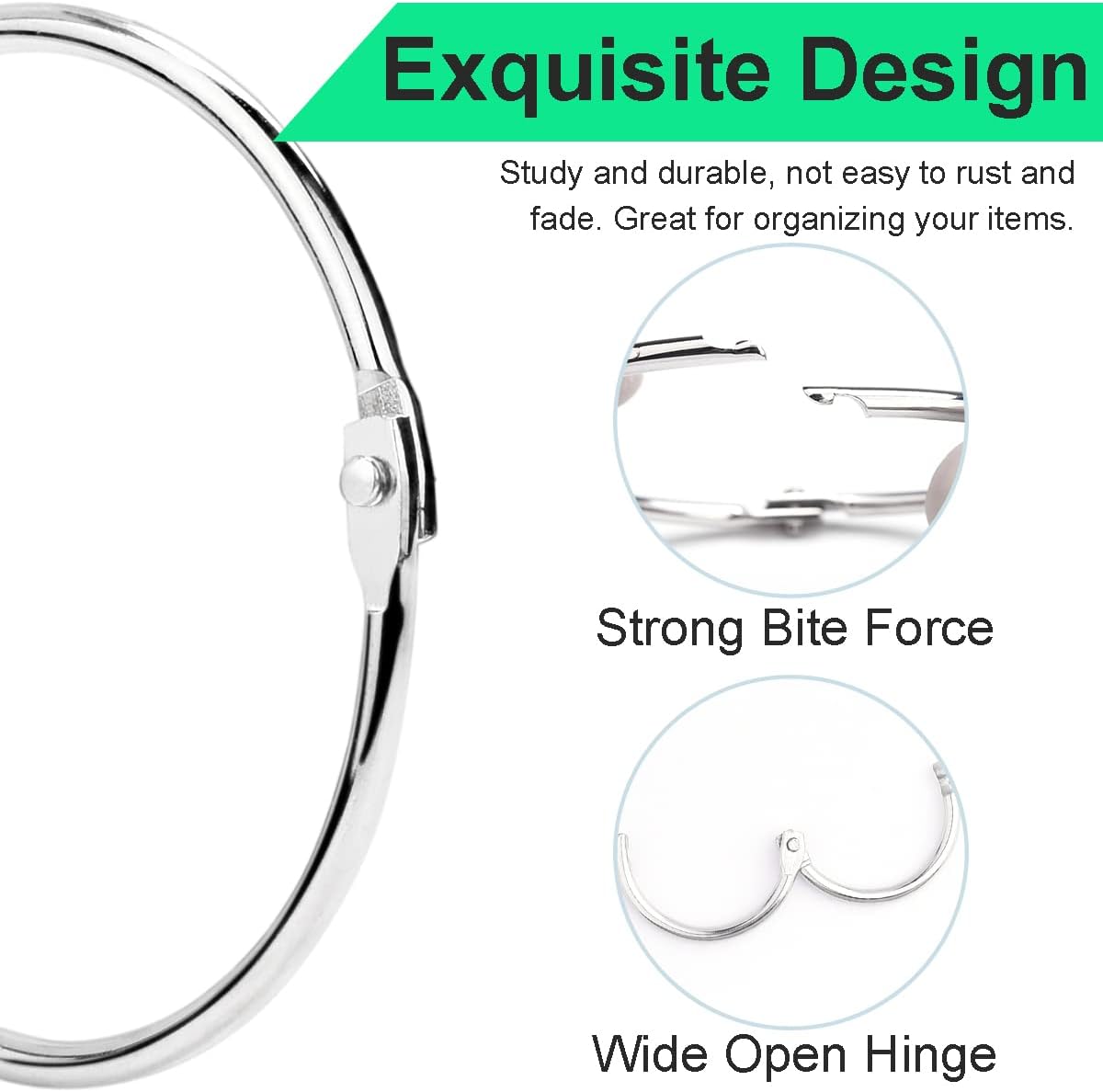 CooBigo Loose Leaf Binder Rings 1 Inch Metal Book Ring Clip for Index Card, Flashcard, Shower Curtain, DMC Embroidery Floss Organizer, Key Chain - Silver(50 Pack)