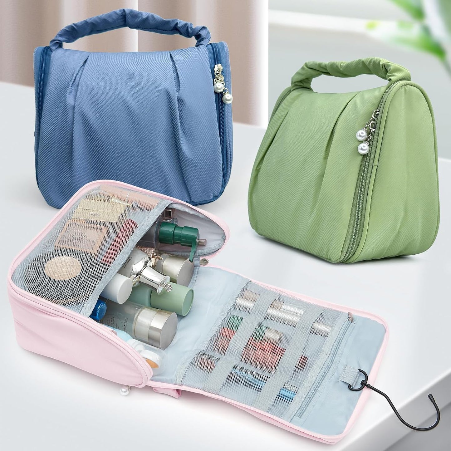 Cute Hanging Travel Toiletry Bag for Women, Small Ruched Make-up Bag Cosmetic Hand-bag, Carry-On Storage Organizer Pouch with Handles Pearl Zipper for Travel Essentials Skin-Care Accessories, Black