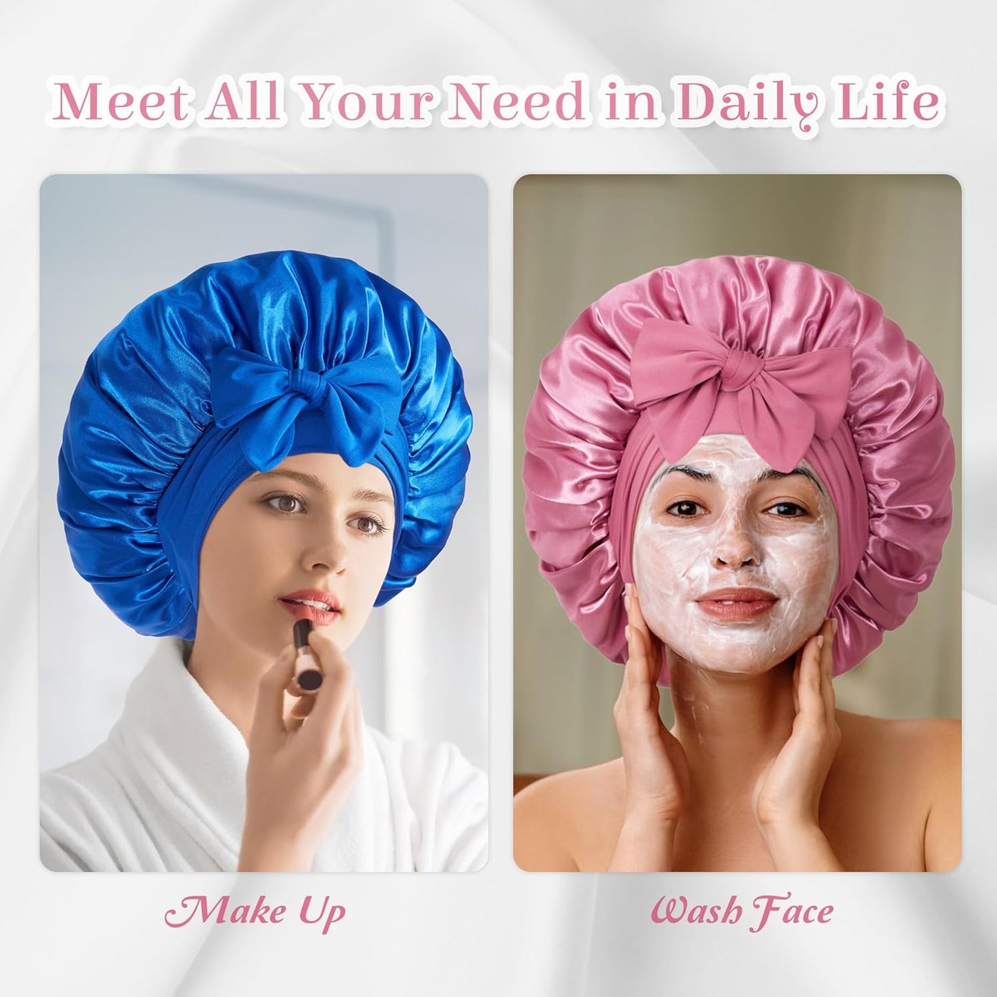 Bonnet with Tie Band, Hair Care Satin Silk Bonnet for Sleeping Women, Silky Sleep Bonnets for Women, Reversible Double Layer Sleep Cap for Curly Hair Braids