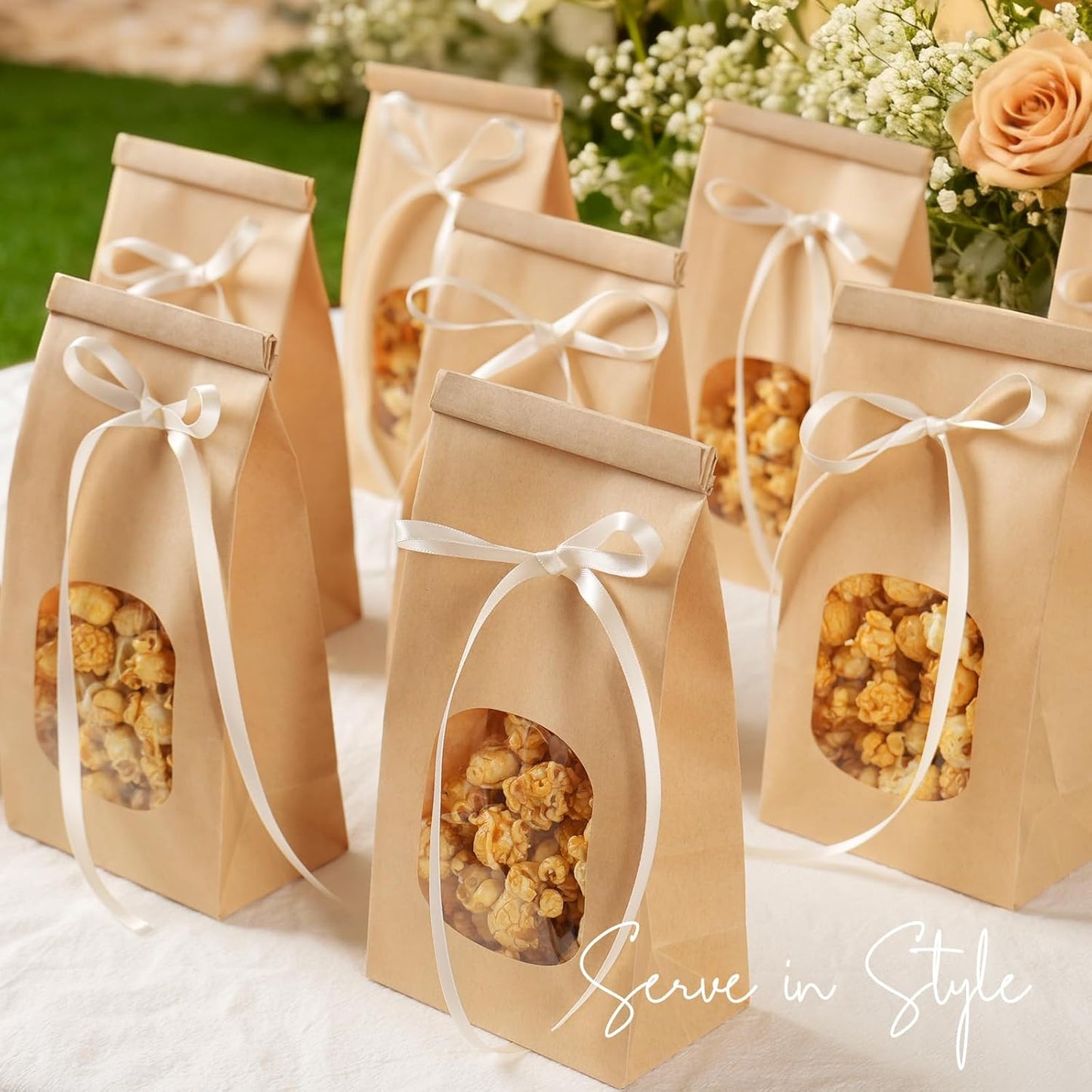 50 Pack Bakery Bags with Window, 3.9x2.3x8 Inches Tin Tie Tab Paper Cookie Bags Brown Small Gift Bag for Packaging Popcorn, Trail Mix, Treats, Snacks, Baked Goods, Party Favors | Grease Resistant, Resealable