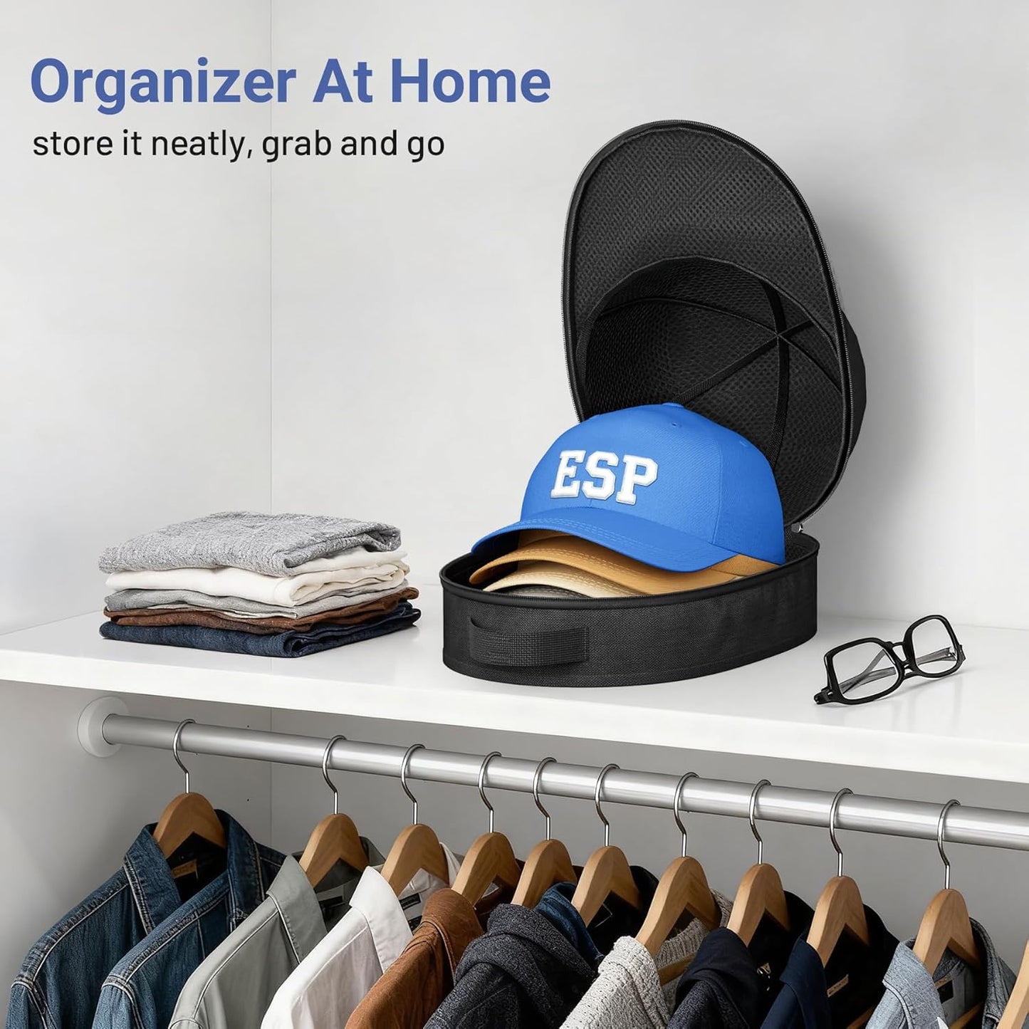 Hat Travel Case for Baseball Caps, Cap Carrier with Plastic Holder & Carrying Handle, Holds up to 6 Caps Hat Bag for Luggage, Suitcase (Black)