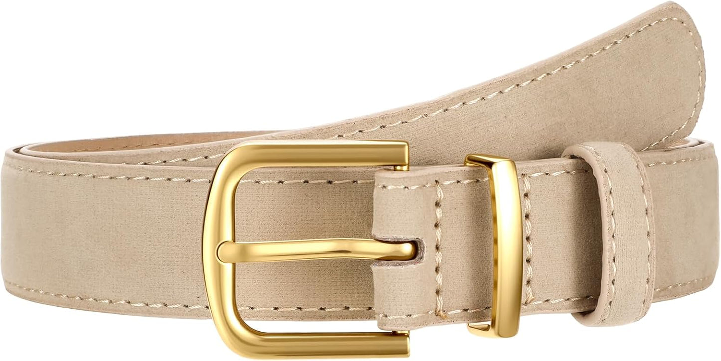 Women Suede Leather Belt for Jeans Dress with Fashion Gold Buckle Ladies Waist Belts