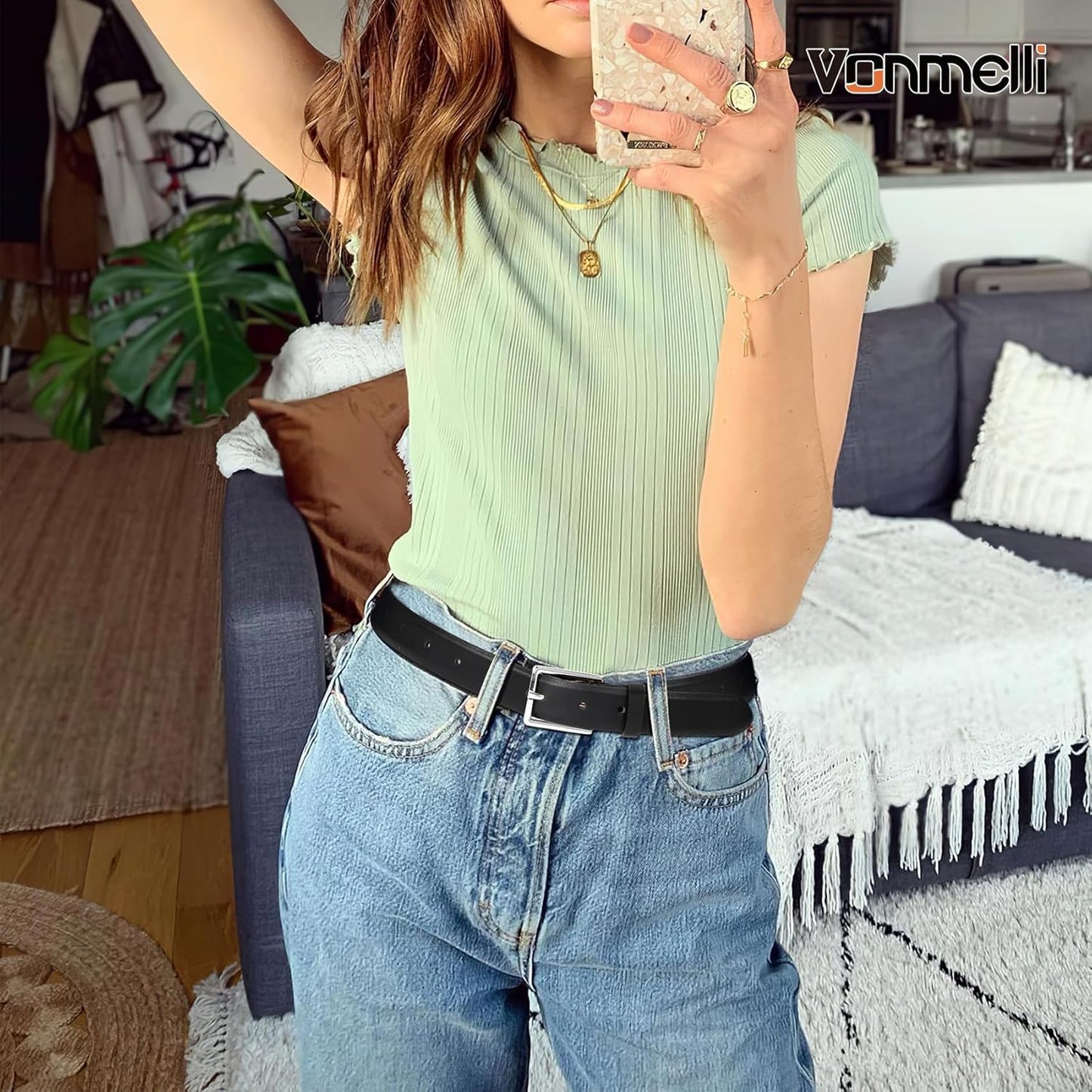 Belt for Women, Women's Leather Belt for Jean Dress, Fashion Ladies Belts with Rectangle Buckle
