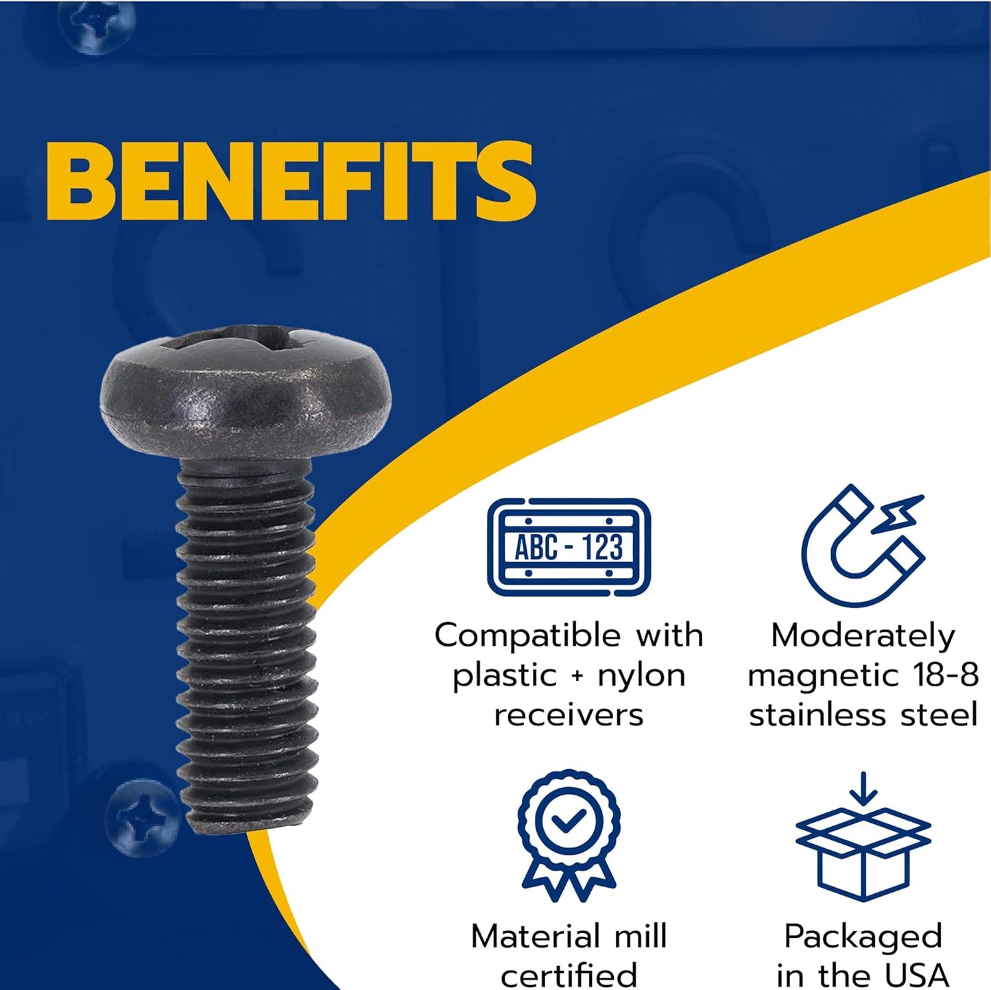 Black License Plate Screws for Lexus, Toyota, and Honda, Phillips Machine Pan Head 18-8, Stainless Steel, M6-1.0 x 16 mm Bolt (Pack of 4)
